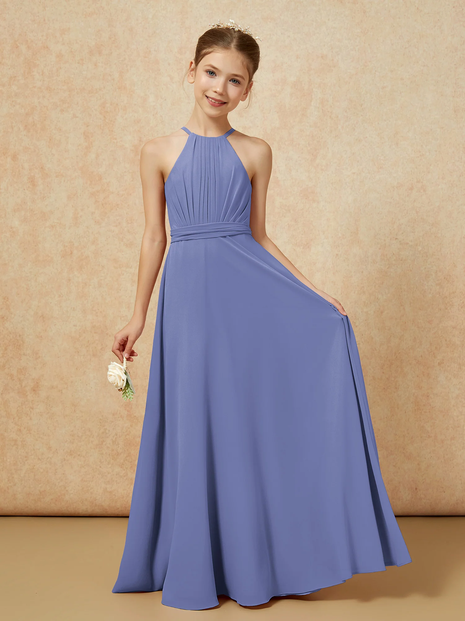 Sleeveless Pleated Long Chiffon Junior Bridesmaid Dress Periwinkle
