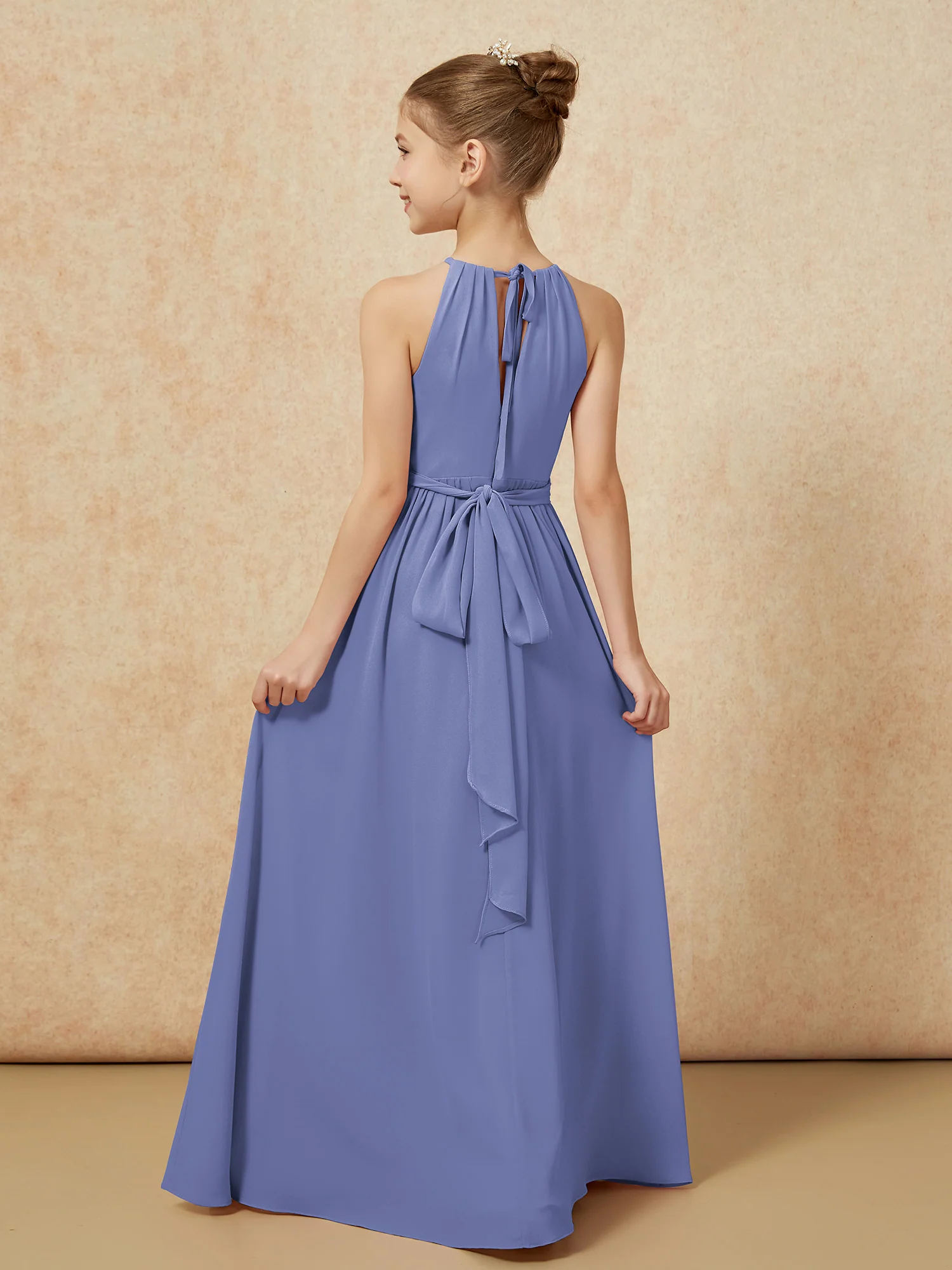 Sleeveless Pleated Long Chiffon Junior Bridesmaid Dress Periwinkle - Image 2