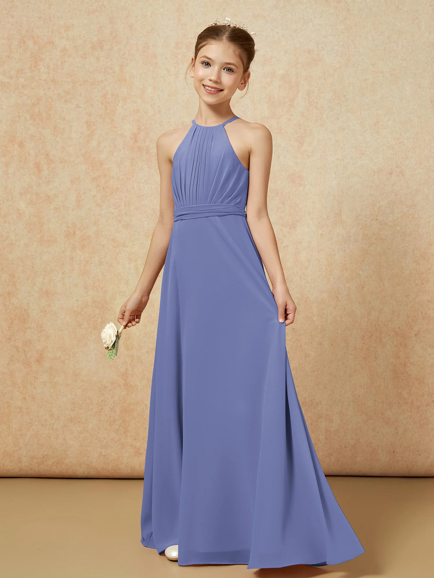Sleeveless Pleated Long Chiffon Junior Bridesmaid Dress Periwinkle - Image 3
