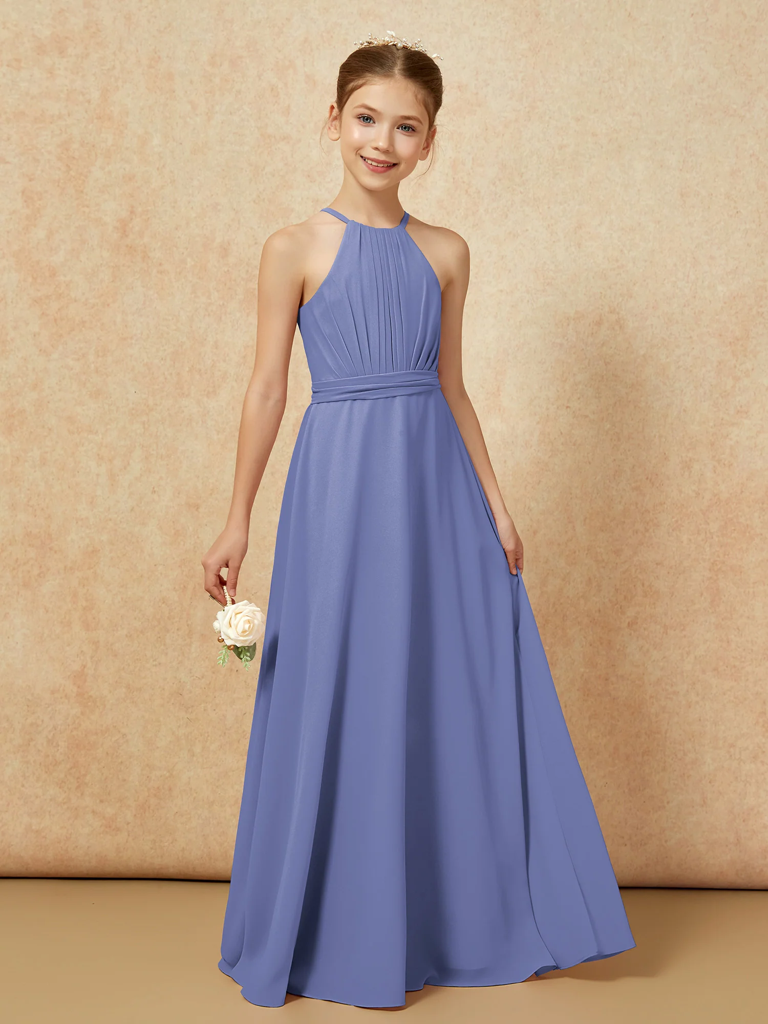 Sleeveless Pleated Long Chiffon Junior Bridesmaid Dress Periwinkle - Image 6