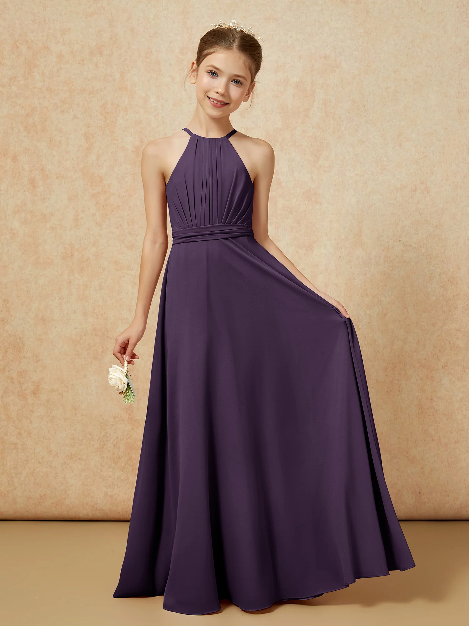 Sleeveless Pleated Long Chiffon Junior Bridesmaid Dress Plum