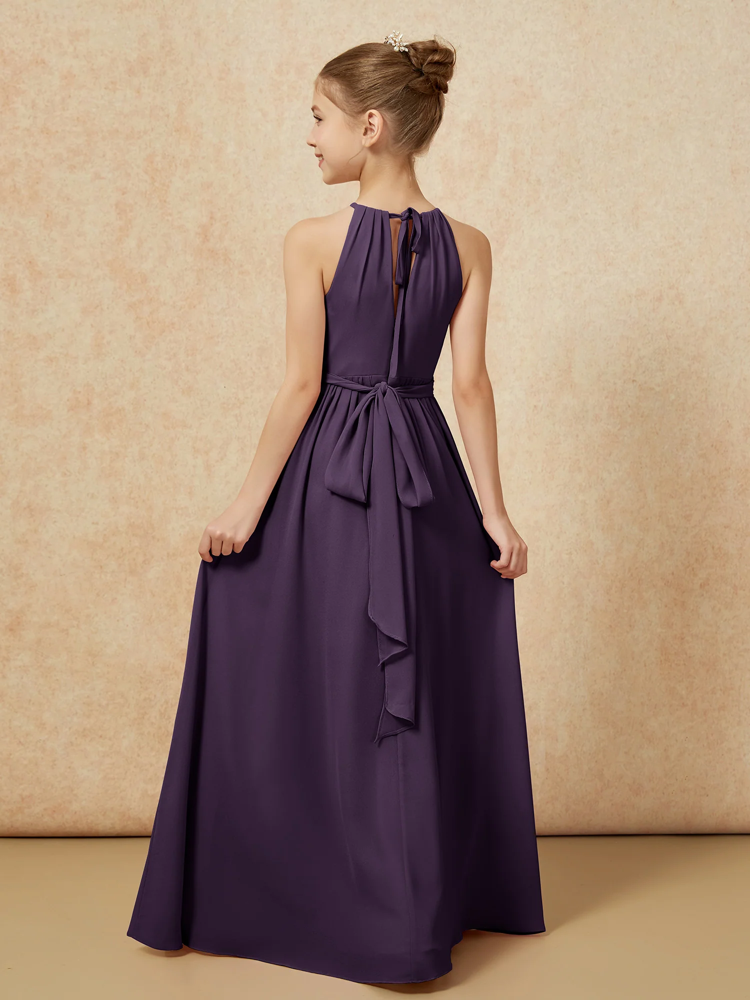 Sleeveless Pleated Long Chiffon Junior Bridesmaid Dress Plum - Image 2