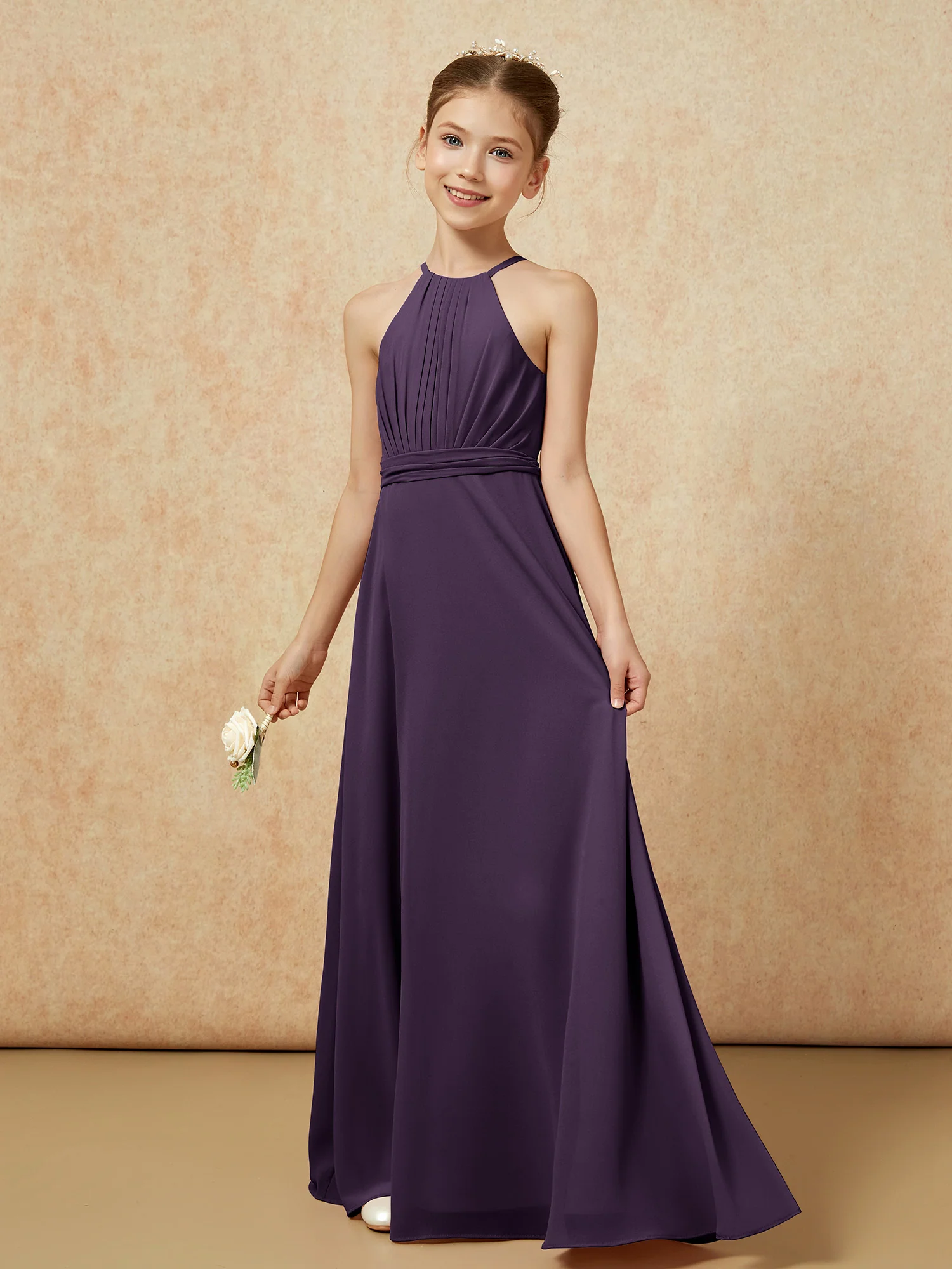Sleeveless Pleated Long Chiffon Junior Bridesmaid Dress Plum - Image 3