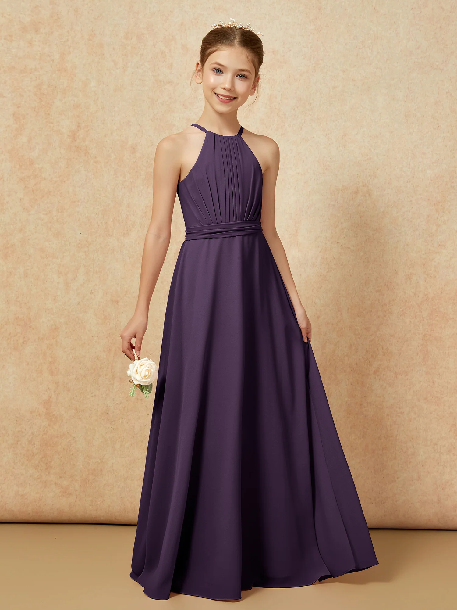 Sleeveless Pleated Long Chiffon Junior Bridesmaid Dress Plum - Image 6