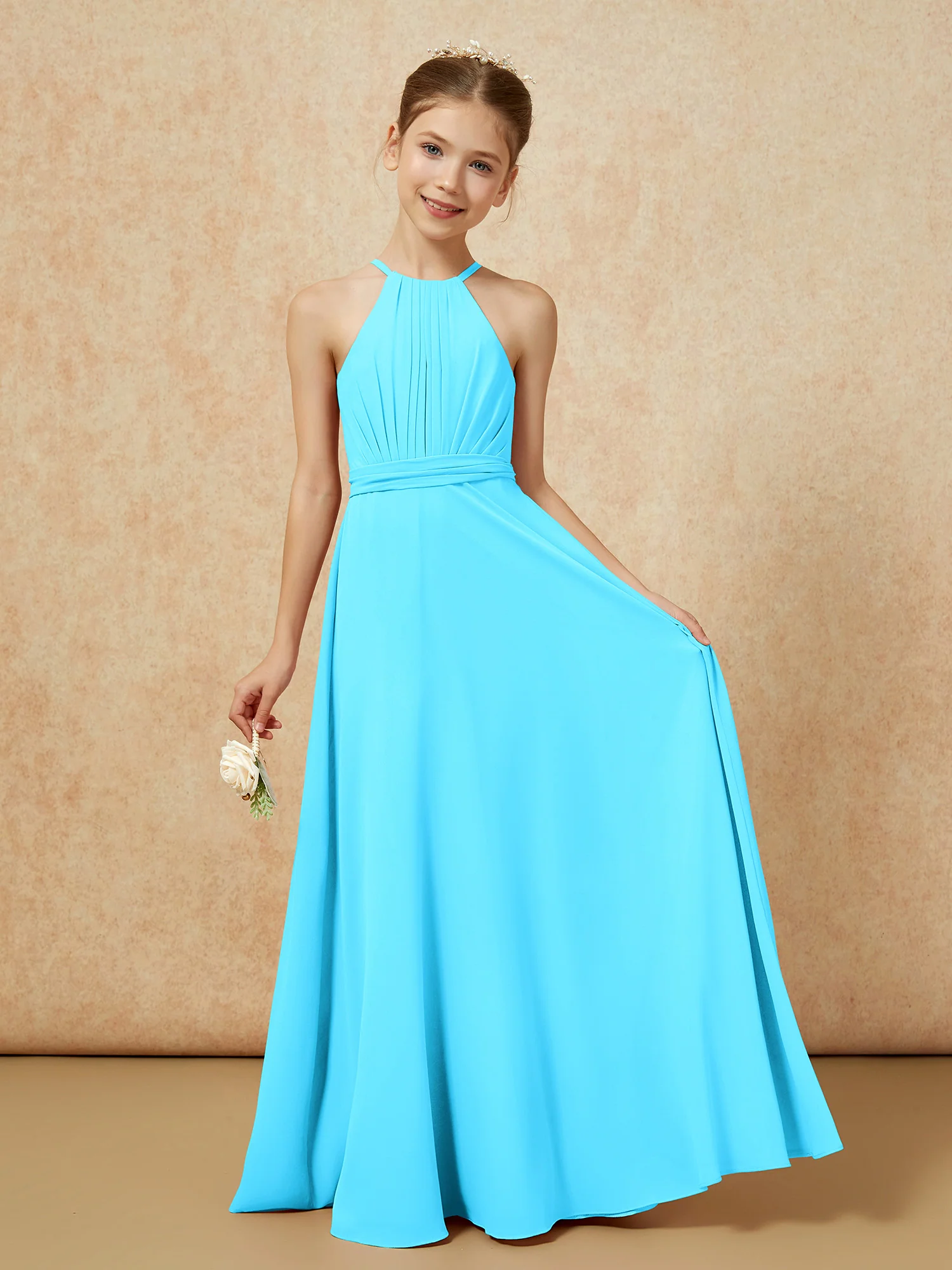 Sleeveless Pleated Long Chiffon Junior Bridesmaid Dress Pool