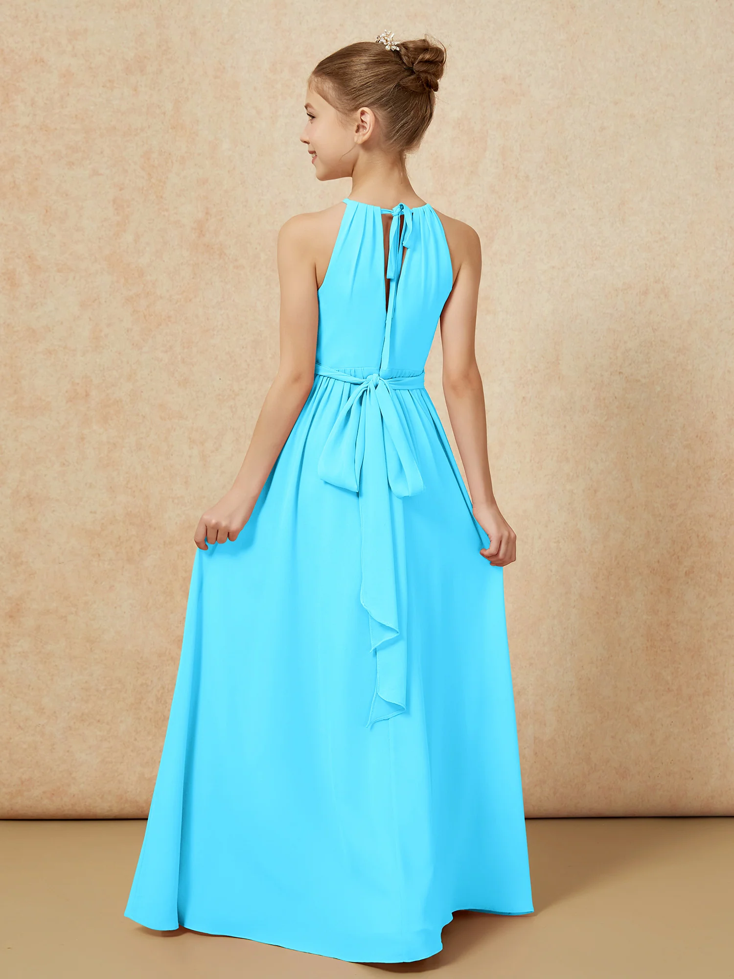 Sleeveless Pleated Long Chiffon Junior Bridesmaid Dress Pool - Image 2
