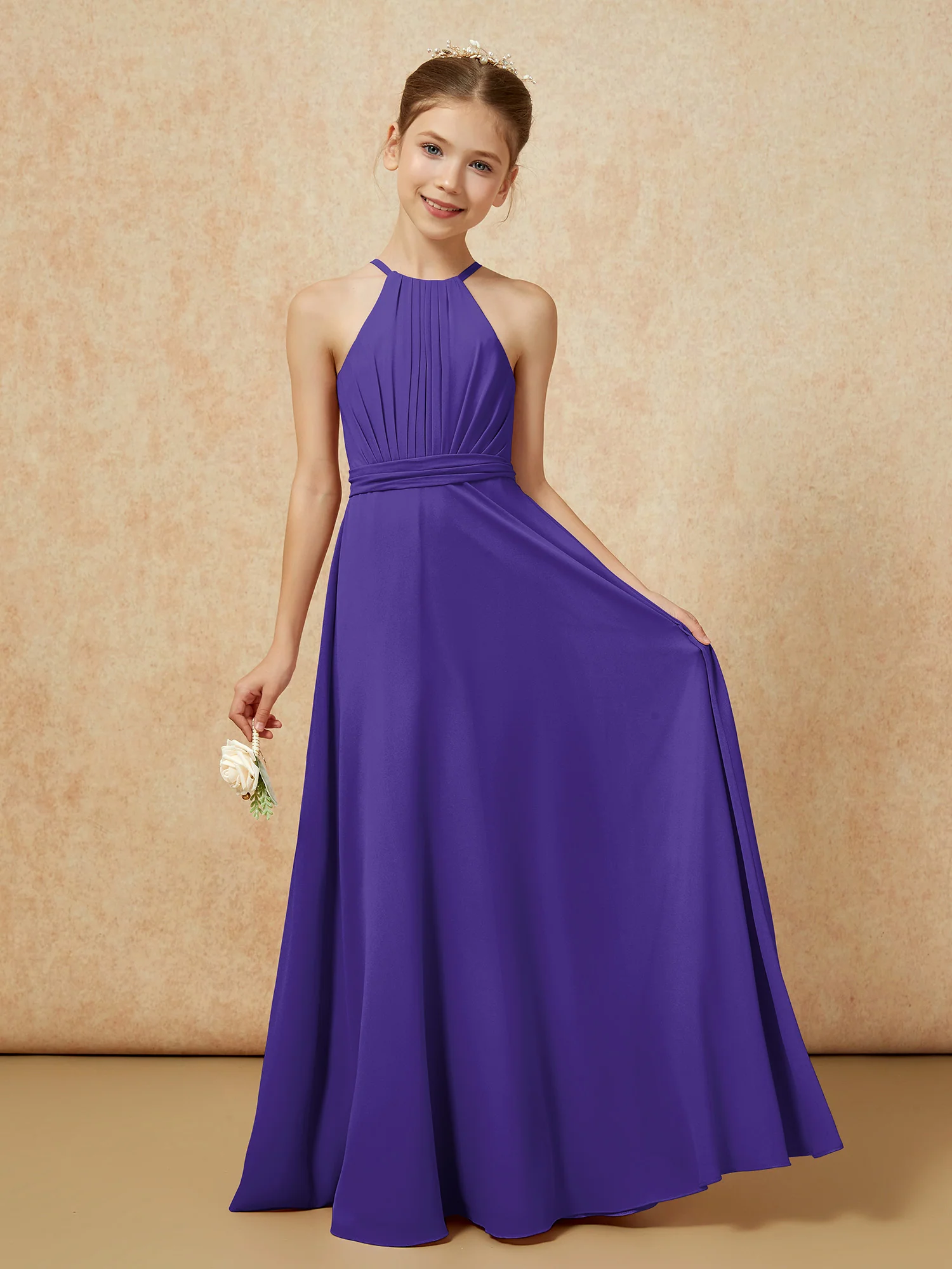 Sleeveless Pleated Long Chiffon Junior Bridesmaid Dress Regency