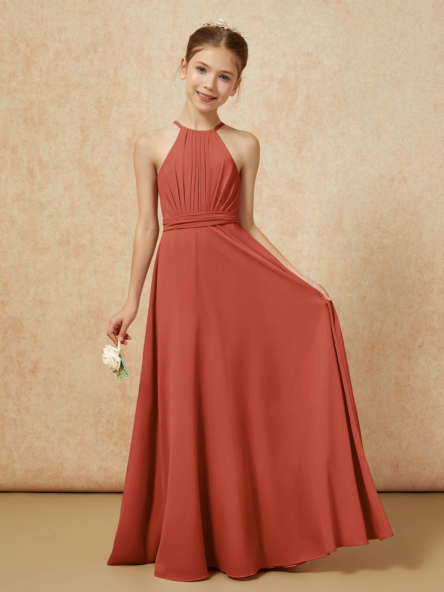 Sleeveless Pleated Long Chiffon Junior Bridesmaid Dress Rust