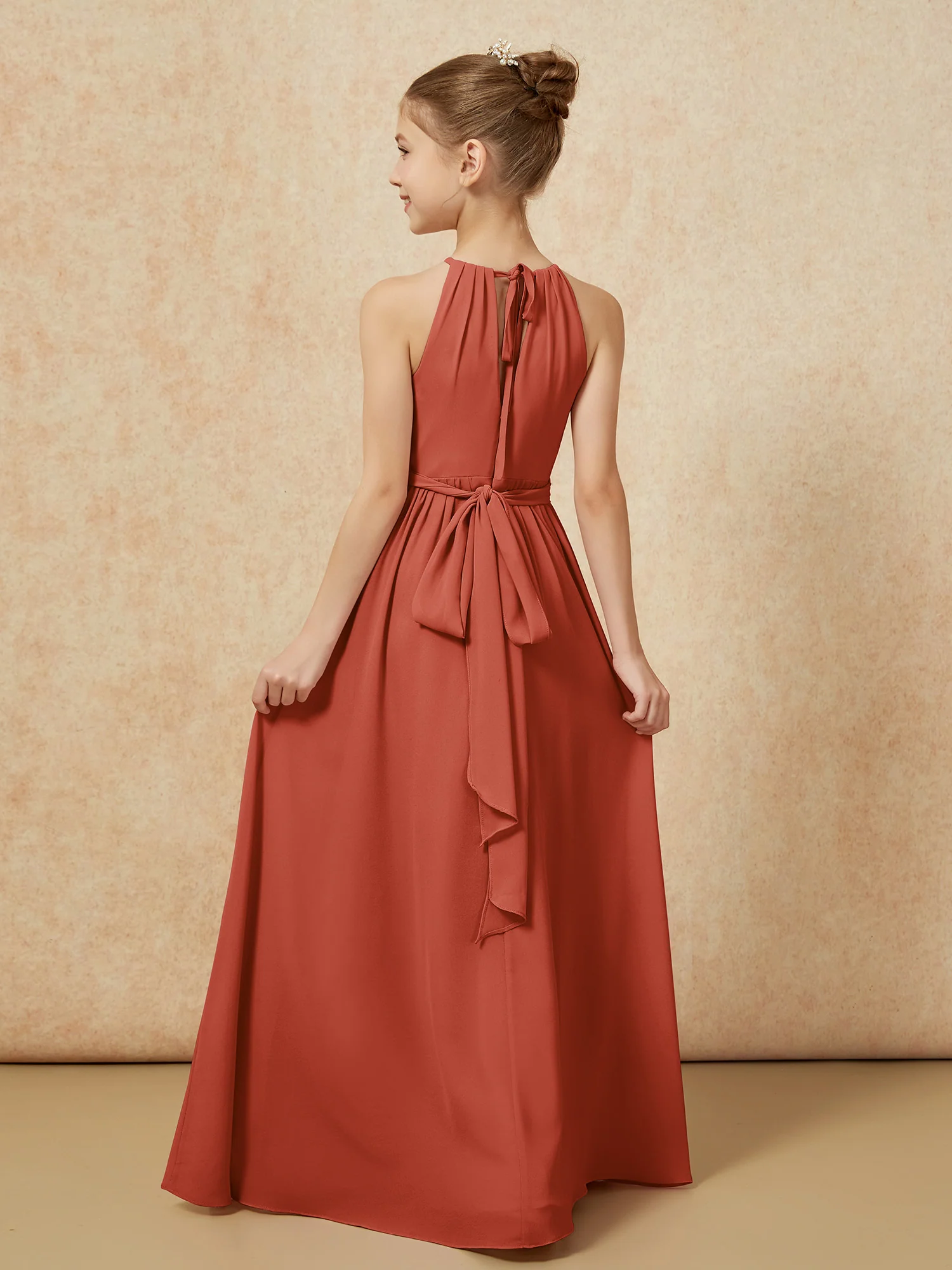 Sleeveless Pleated Long Chiffon Junior Bridesmaid Dress Rust - Image 2