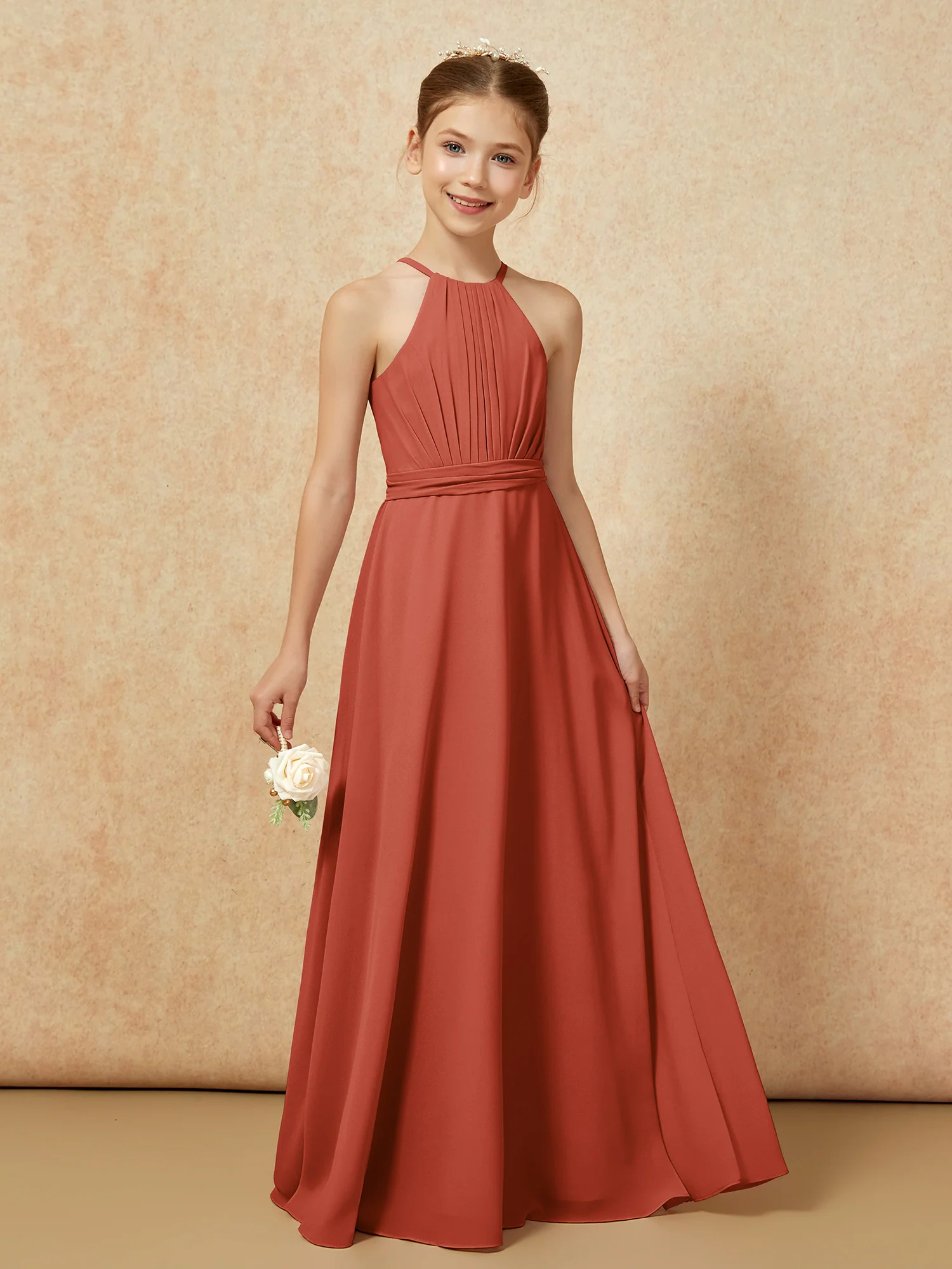 Sleeveless Pleated Long Chiffon Junior Bridesmaid Dress Rust - Image 6