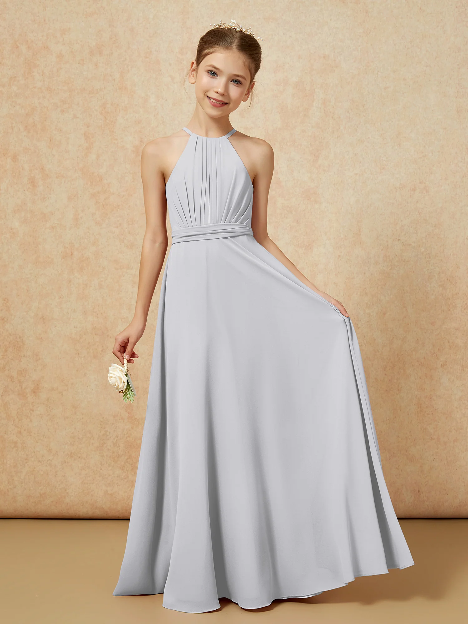 Sleeveless Pleated Long Chiffon Junior Bridesmaid Dress Silver