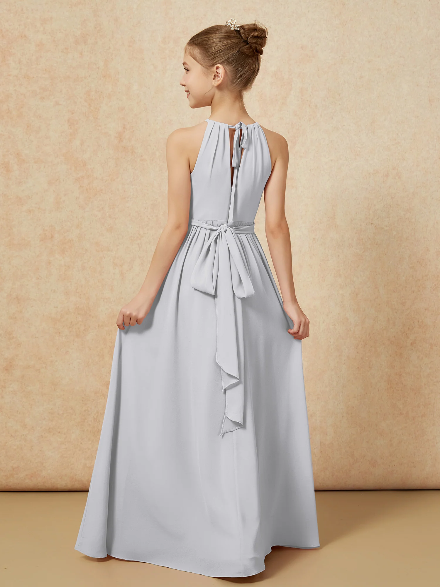 Sleeveless Pleated Long Chiffon Junior Bridesmaid Dress Silver - Image 2