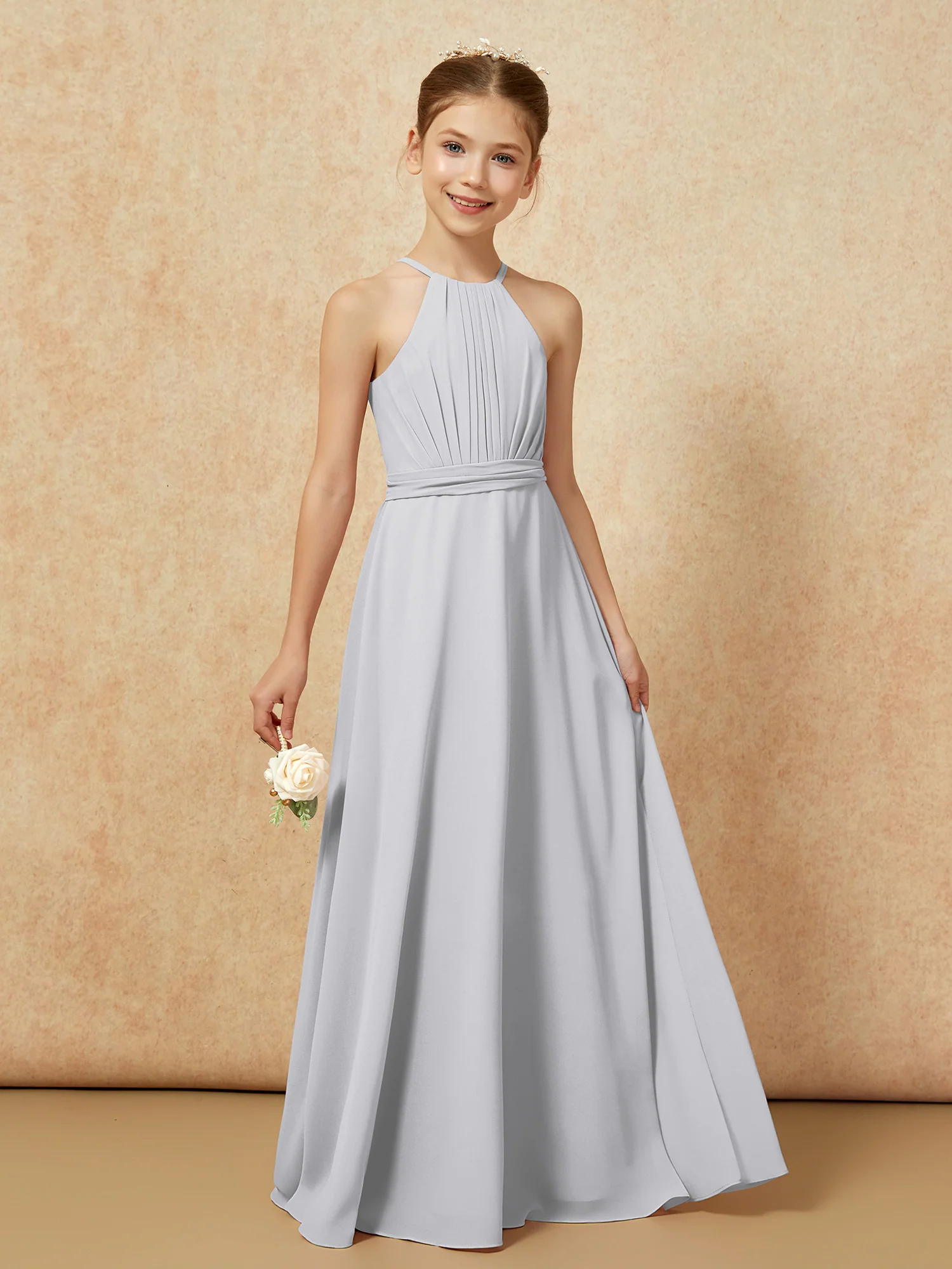 Sleeveless Pleated Long Chiffon Junior Bridesmaid Dress Silver - Image 6