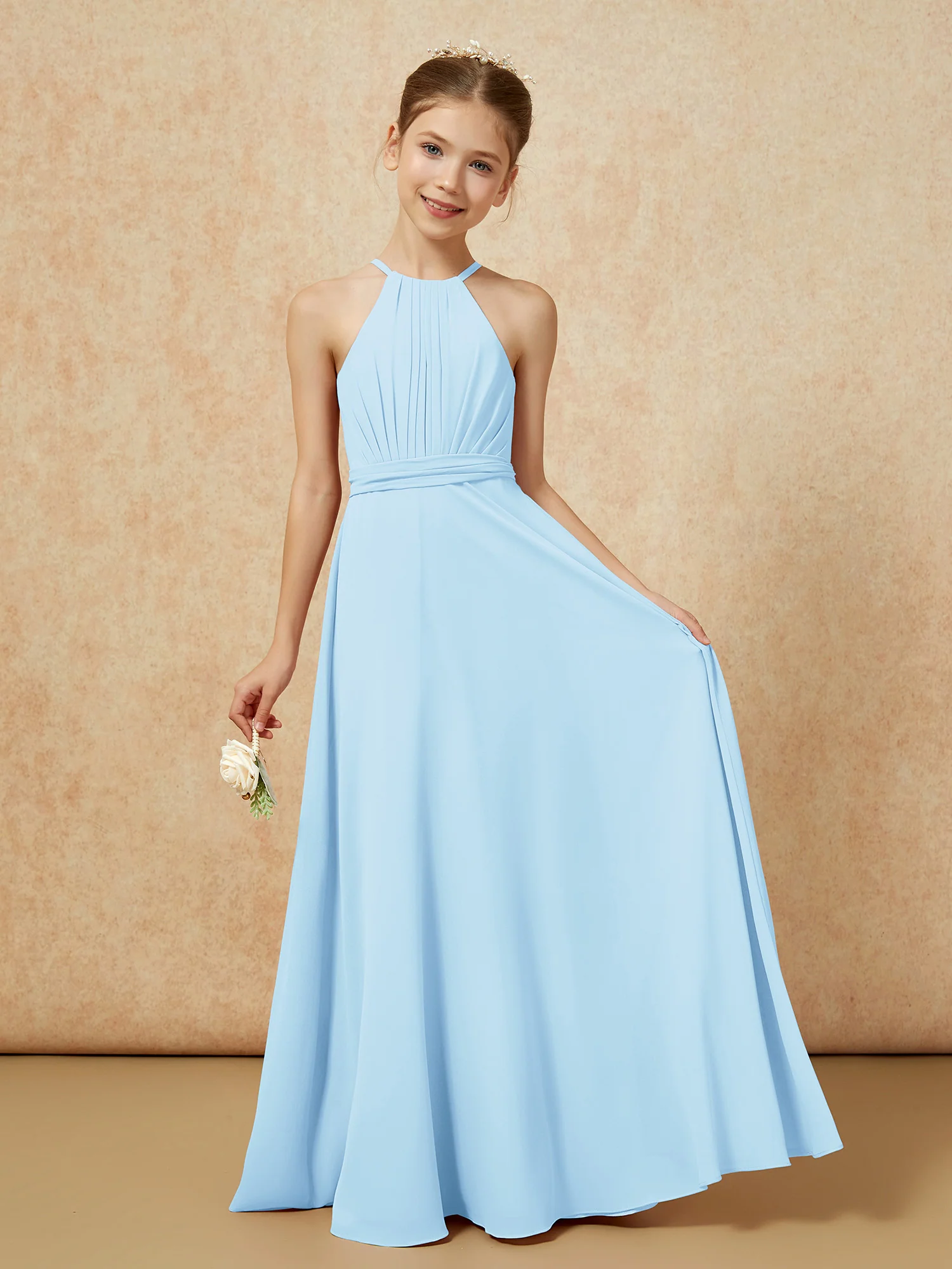 Sleeveless Pleated Long Chiffon Junior Bridesmaid Dress Sky Blue