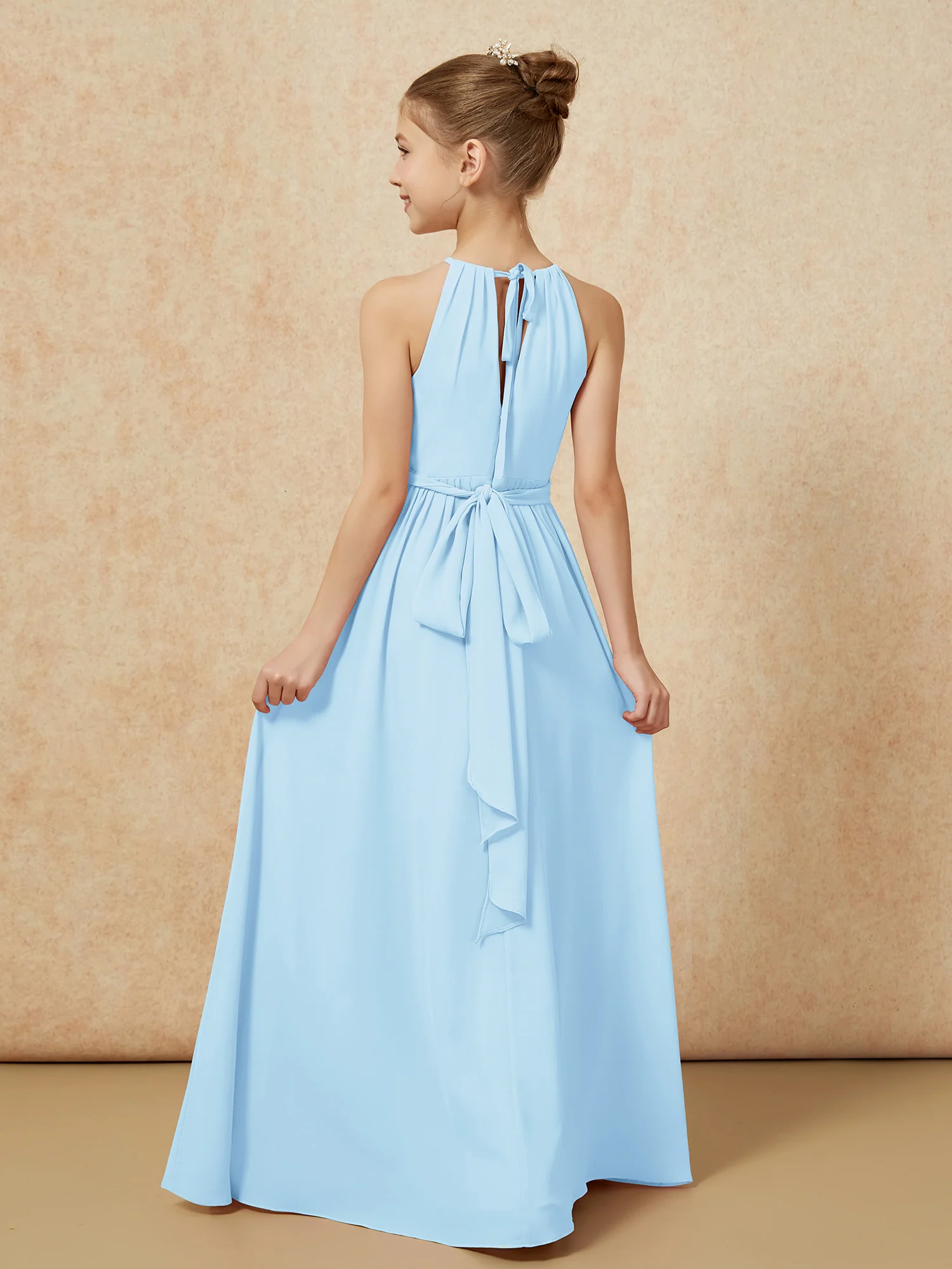 Sleeveless Pleated Long Chiffon Junior Bridesmaid Dress Sky Blue - Image 2