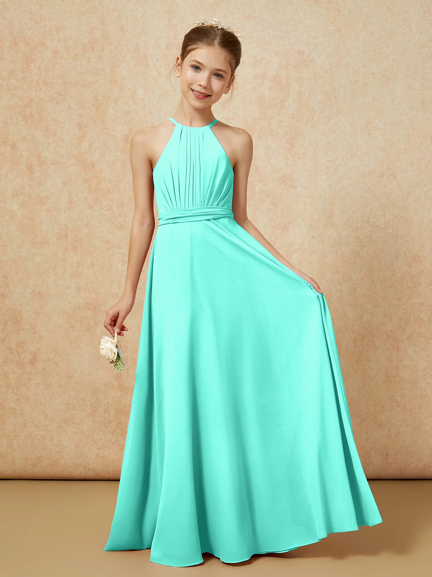 Sleeveless Pleated Long Chiffon Junior Bridesmaid Dress Spa