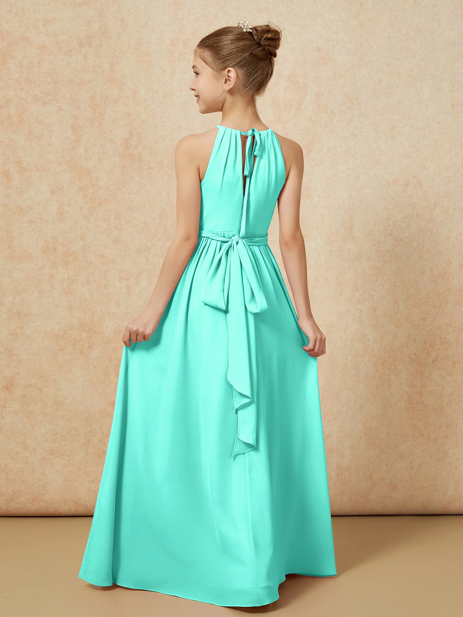 Sleeveless Pleated Long Chiffon Junior Bridesmaid Dress Spa - Image 2