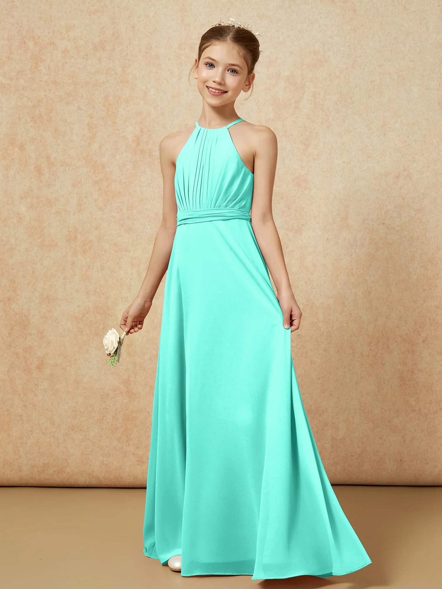 Sleeveless Pleated Long Chiffon Junior Bridesmaid Dress Spa - Image 3