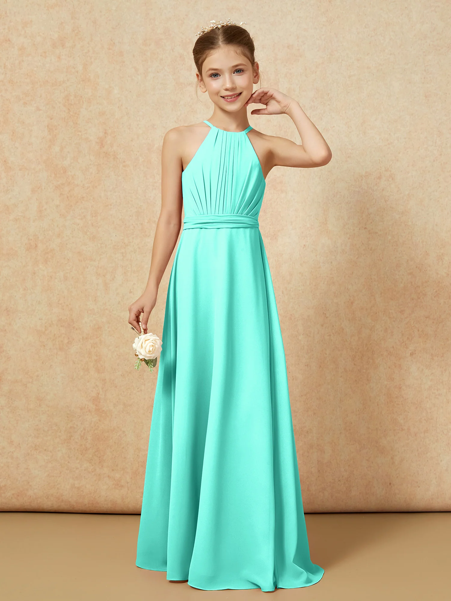 Sleeveless Pleated Long Chiffon Junior Bridesmaid Dress Spa - Image 5