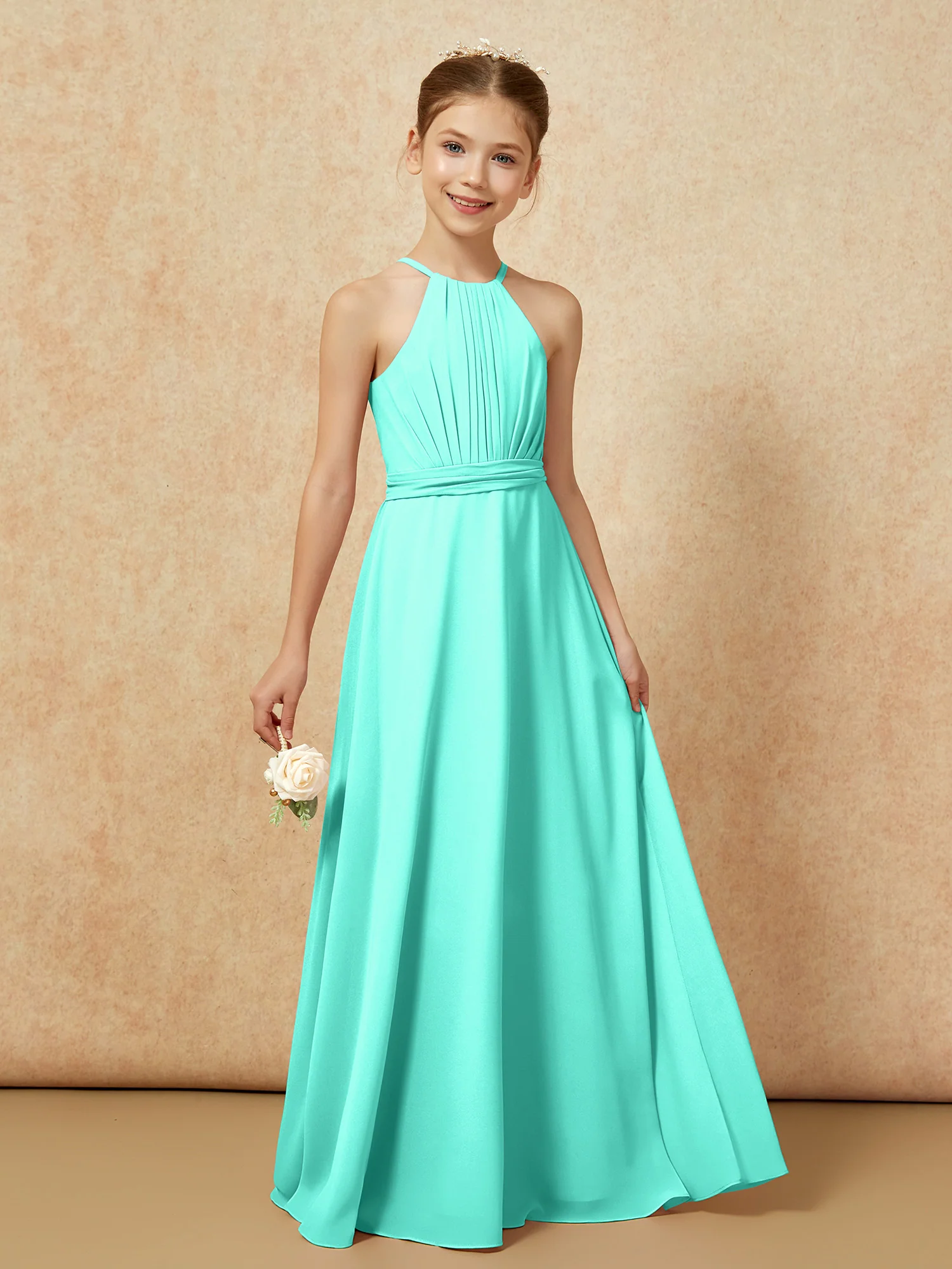 Sleeveless Pleated Long Chiffon Junior Bridesmaid Dress Spa - Image 6