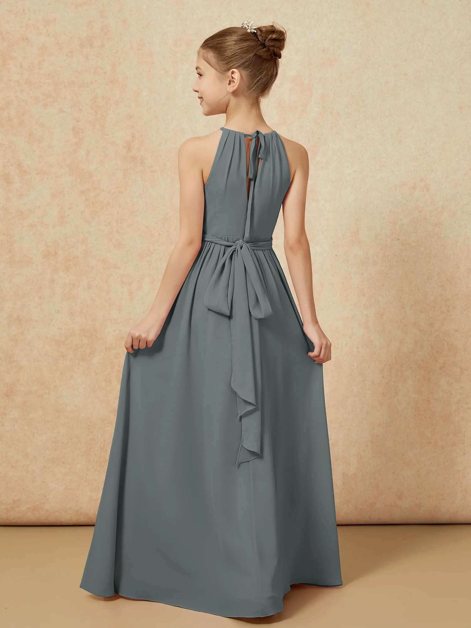 Sleeveless Pleated Long Chiffon Junior Bridesmaid Dress Steel Grey - Image 2