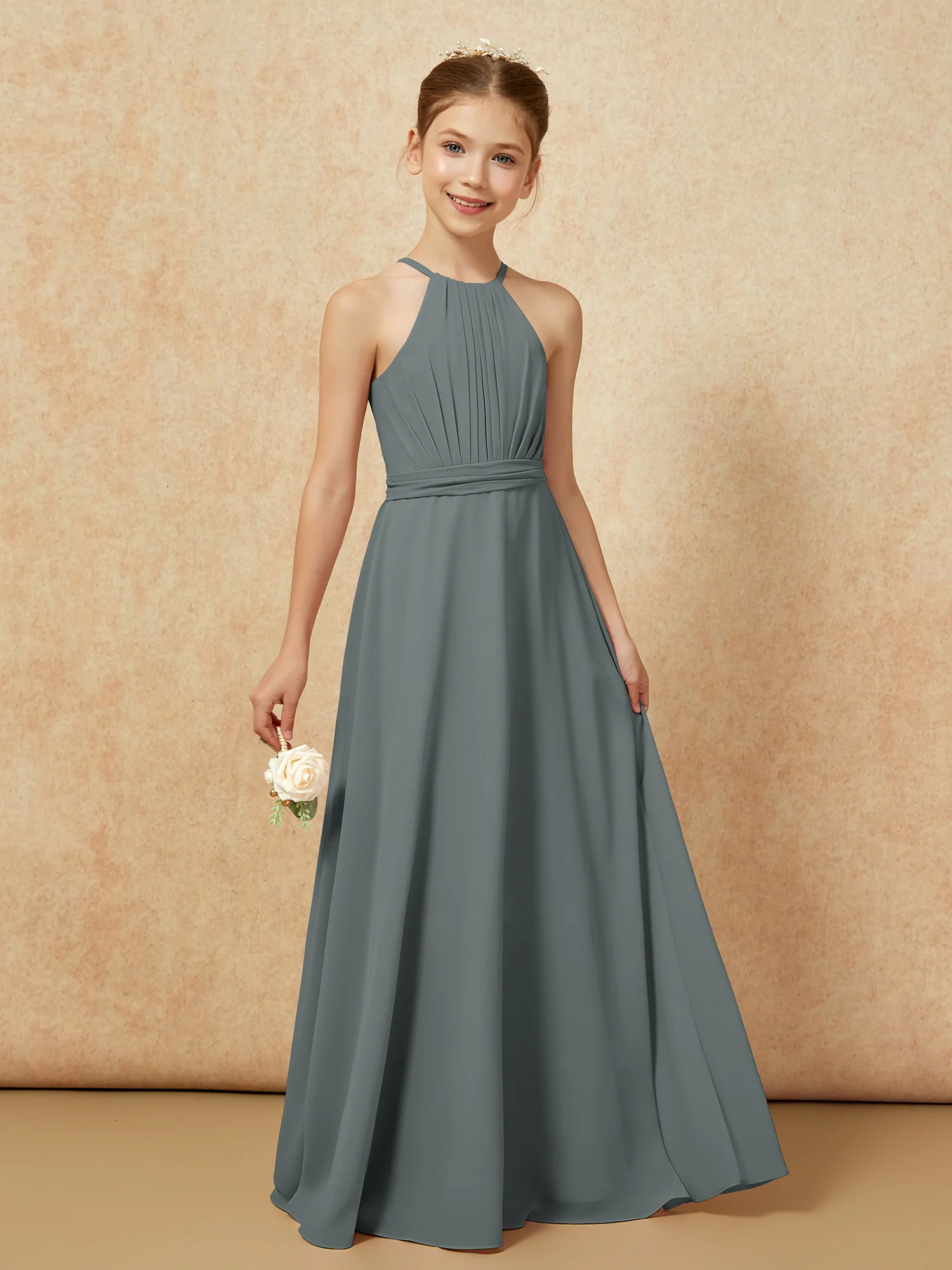 Sleeveless Pleated Long Chiffon Junior Bridesmaid Dress Steel Grey - Image 6