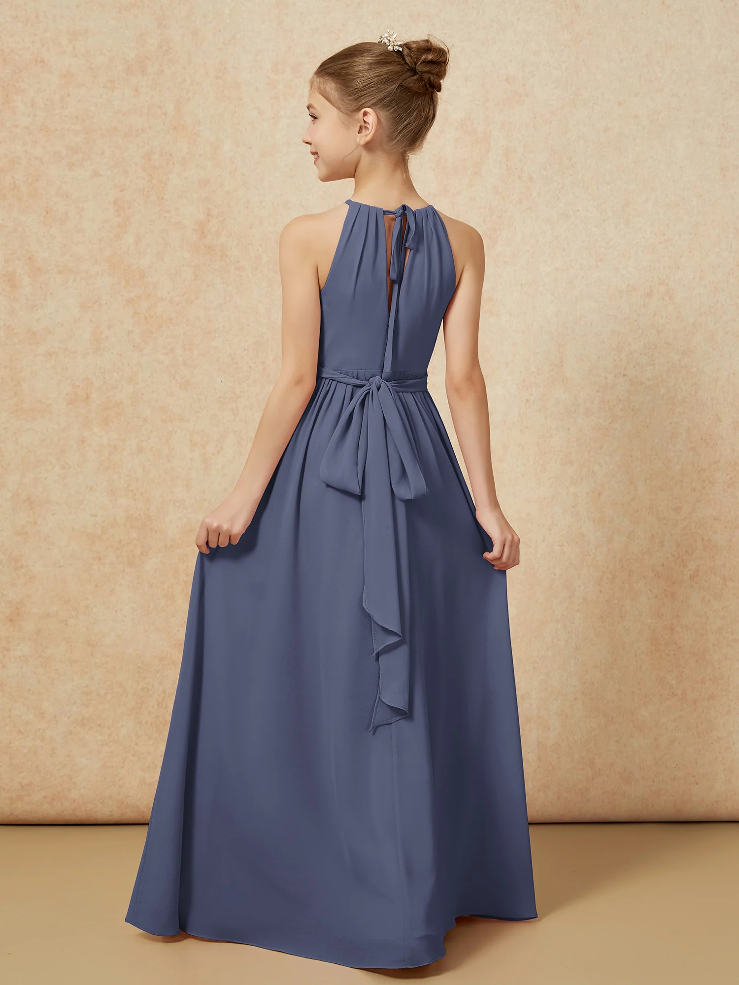 Sleeveless Pleated Long Chiffon Junior Bridesmaid Dress Stormy - Image 2