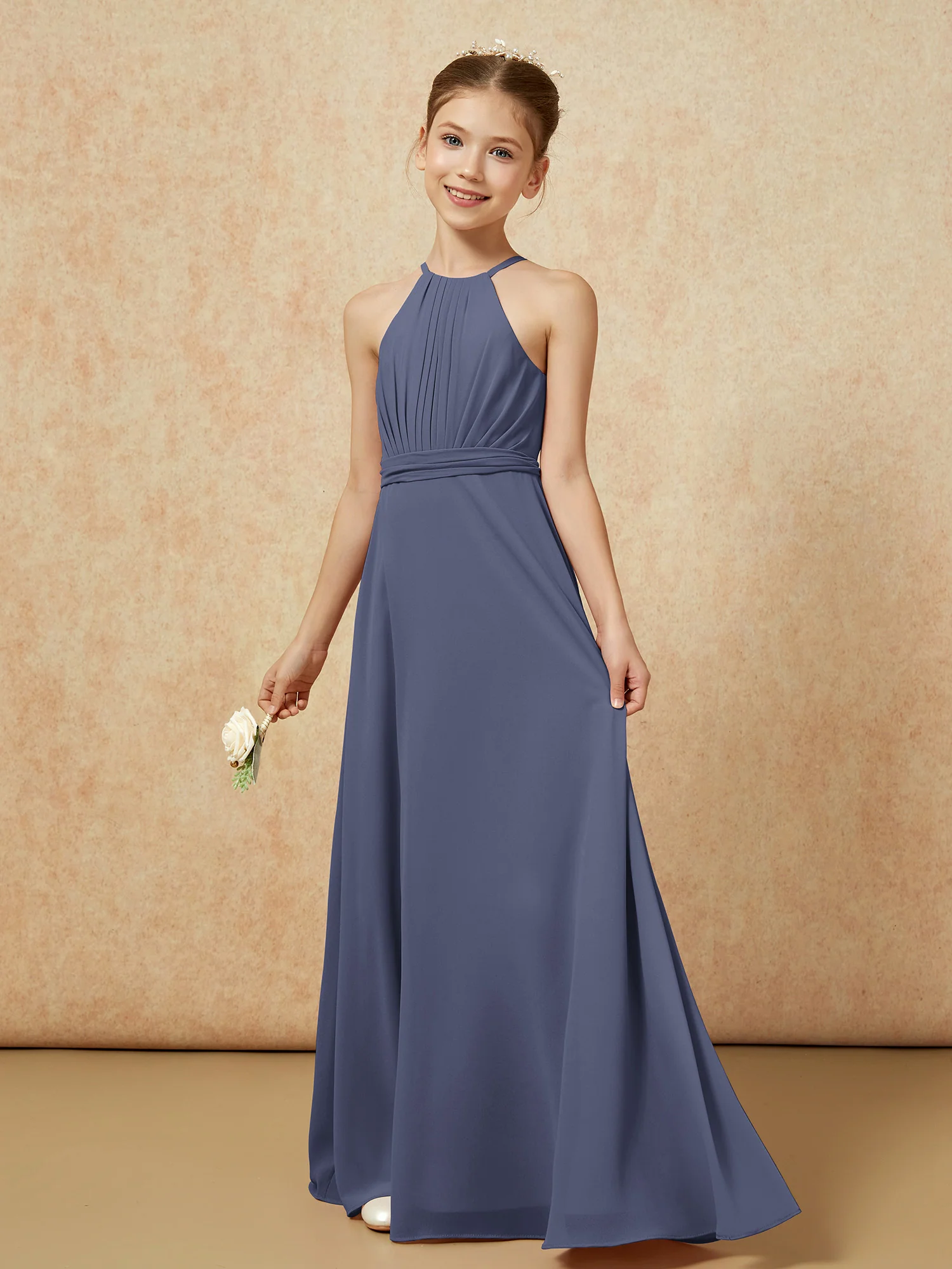 Sleeveless Pleated Long Chiffon Junior Bridesmaid Dress Stormy - Image 3
