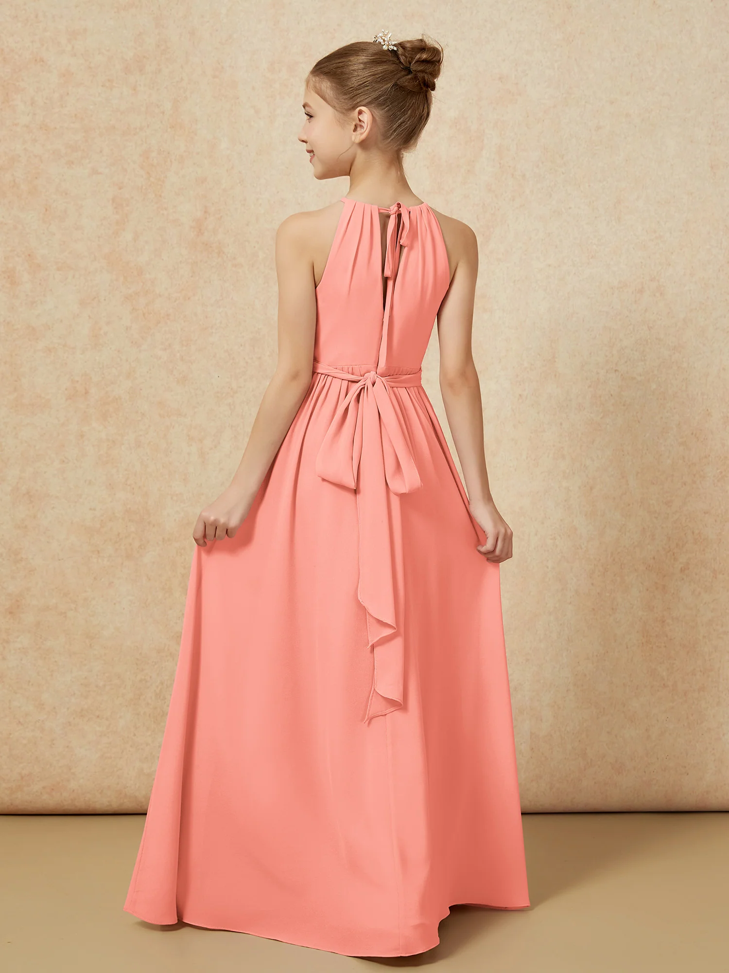 Sleeveless Pleated Long Chiffon Junior Bridesmaid Dress Sunset - Image 2