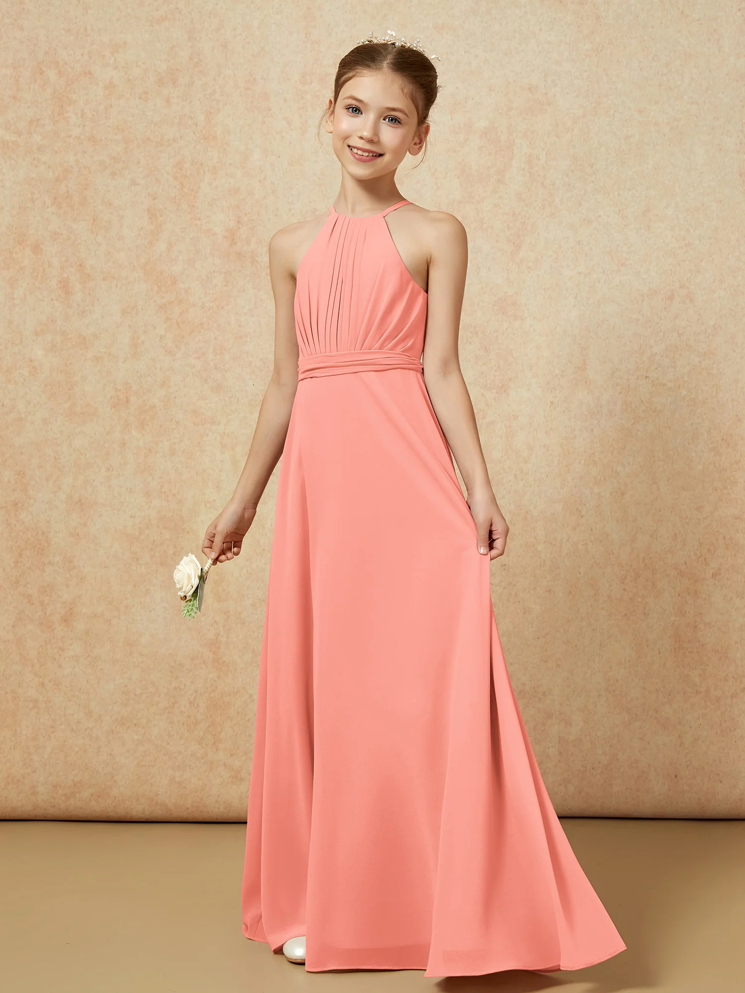Sleeveless Pleated Long Chiffon Junior Bridesmaid Dress Sunset - Image 3