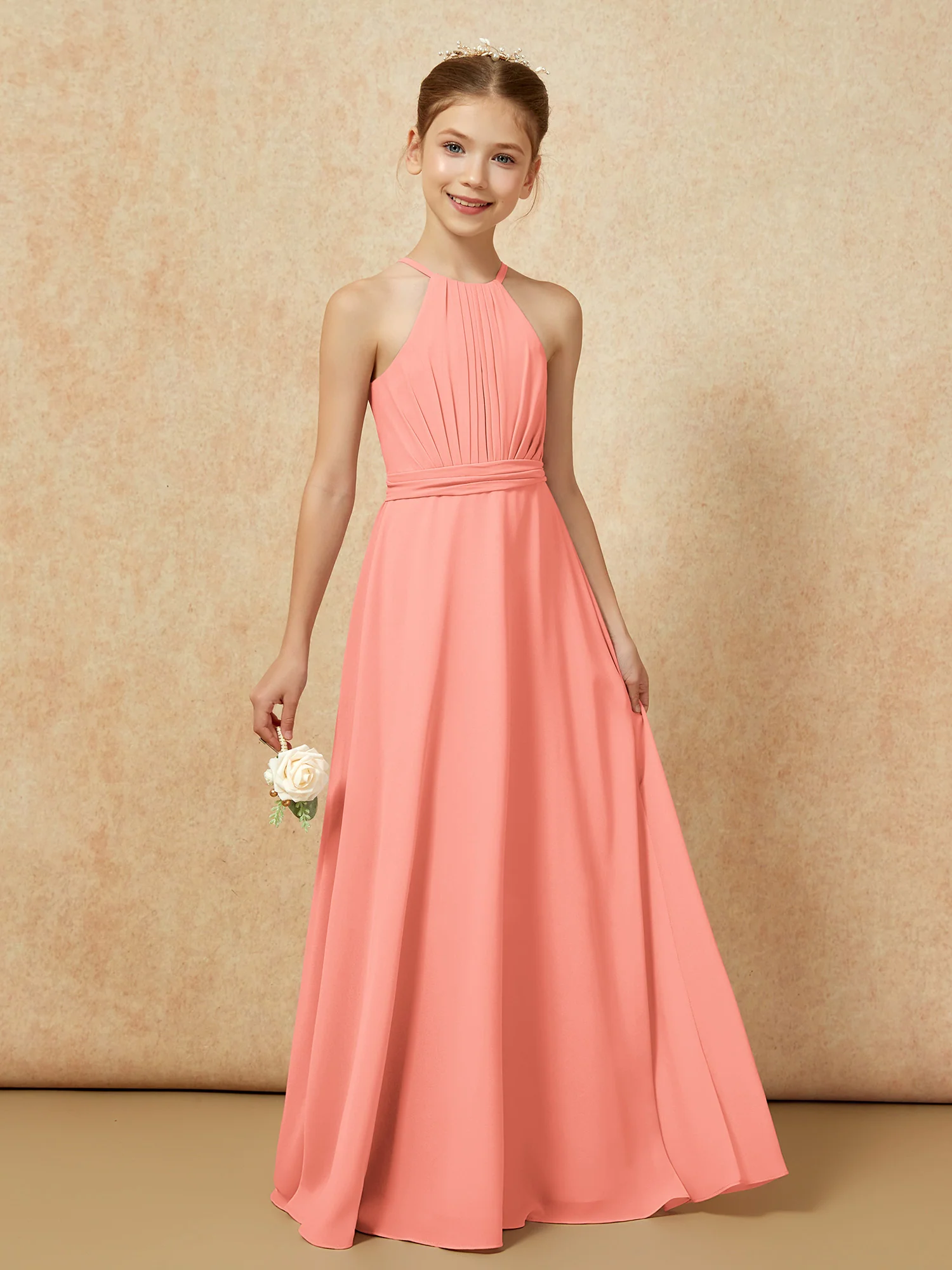 Sleeveless Pleated Long Chiffon Junior Bridesmaid Dress Sunset - Image 6