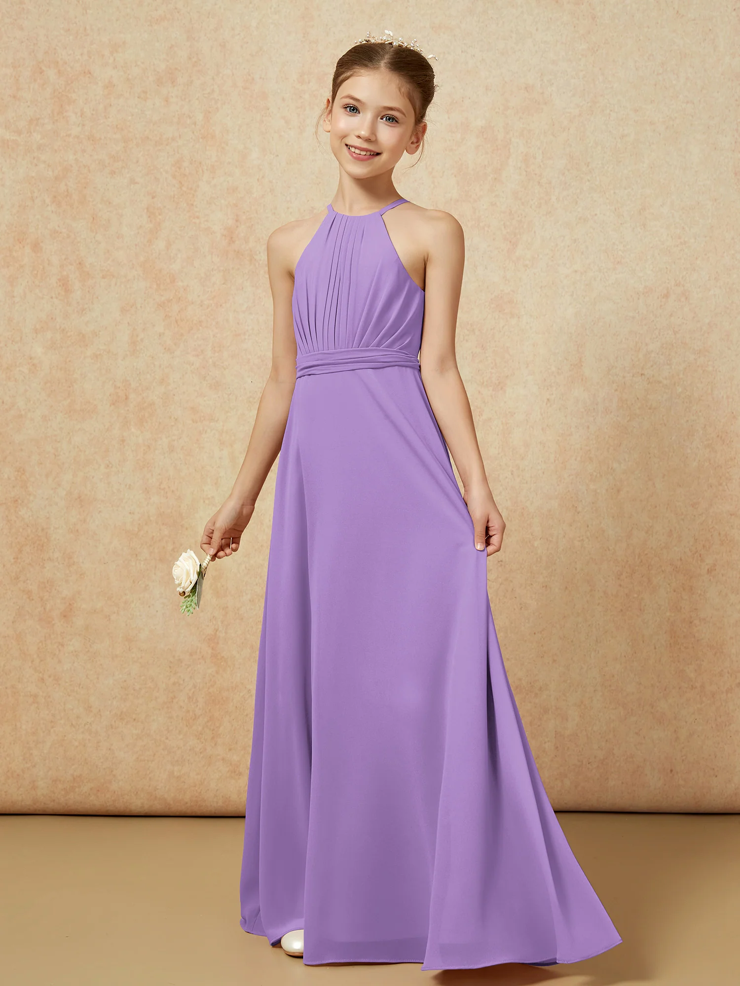 Sleeveless Pleated Long Chiffon Junior Bridesmaid Dress Tahiti - Image 3