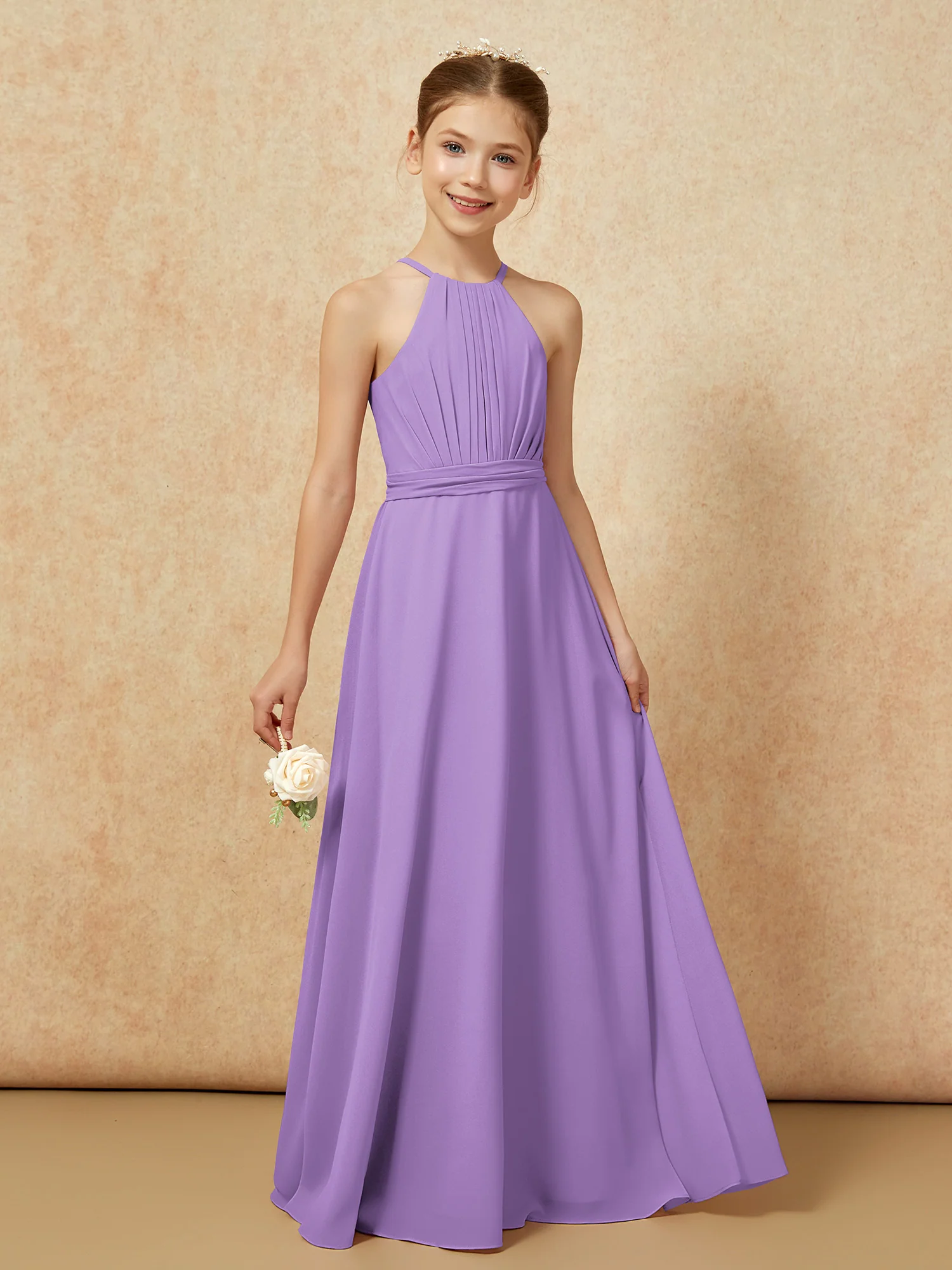 Sleeveless Pleated Long Chiffon Junior Bridesmaid Dress Tahiti - Image 6
