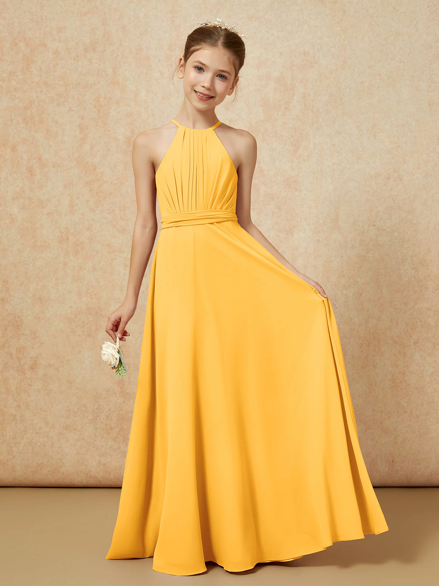 Sleeveless Pleated Long Chiffon Junior Bridesmaid Dress Tangerine