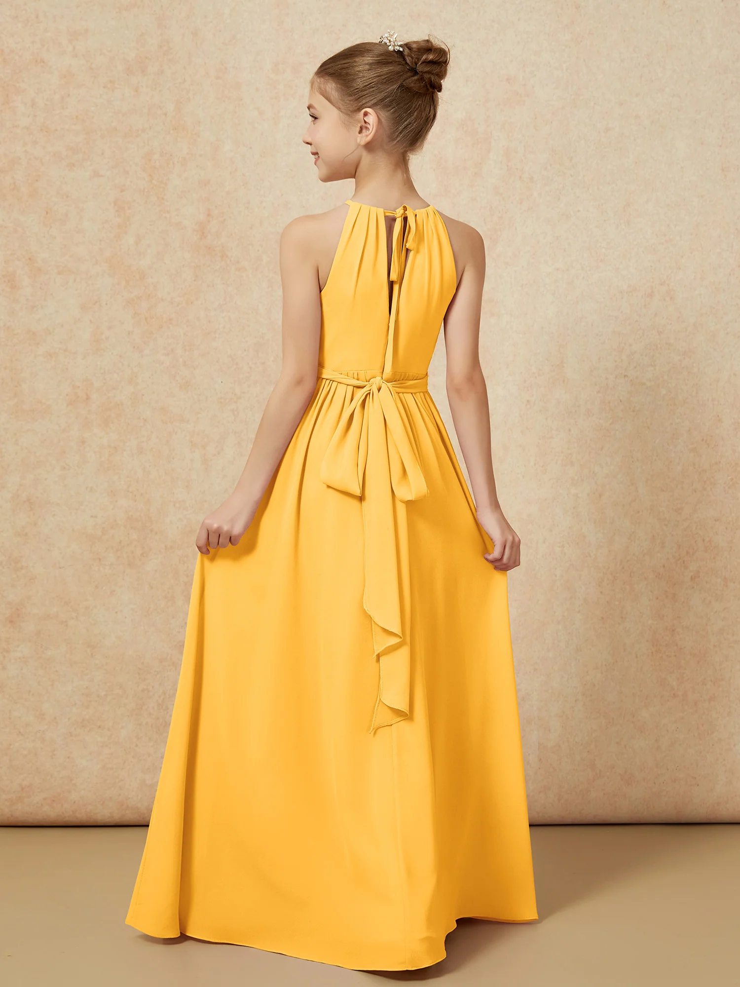 Sleeveless Pleated Long Chiffon Junior Bridesmaid Dress Tangerine - Image 2