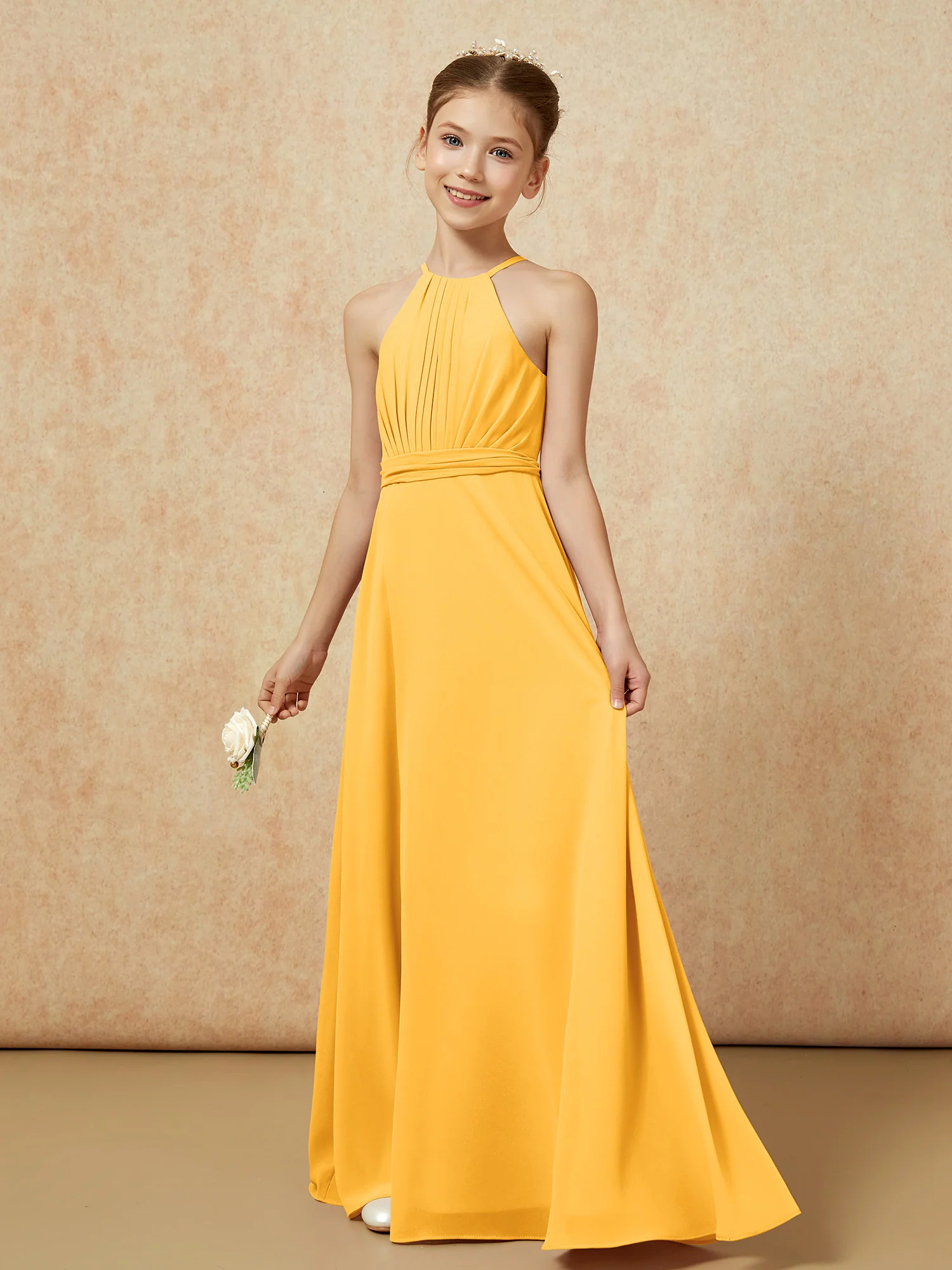 Sleeveless Pleated Long Chiffon Junior Bridesmaid Dress Tangerine - Image 3