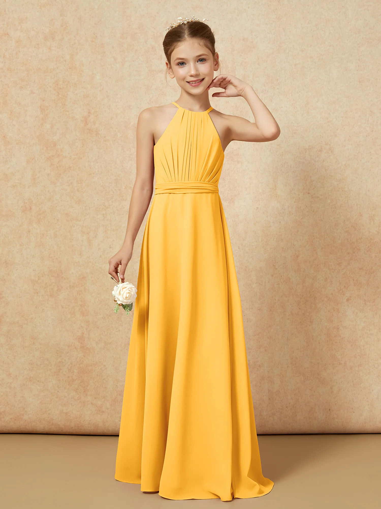 Sleeveless Pleated Long Chiffon Junior Bridesmaid Dress Tangerine - Image 5