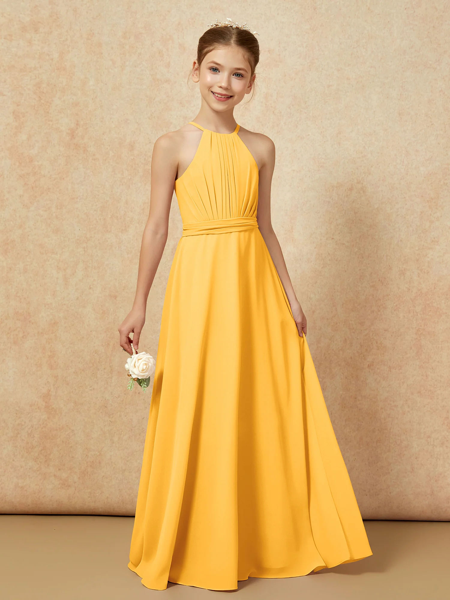 Sleeveless Pleated Long Chiffon Junior Bridesmaid Dress Tangerine - Image 6
