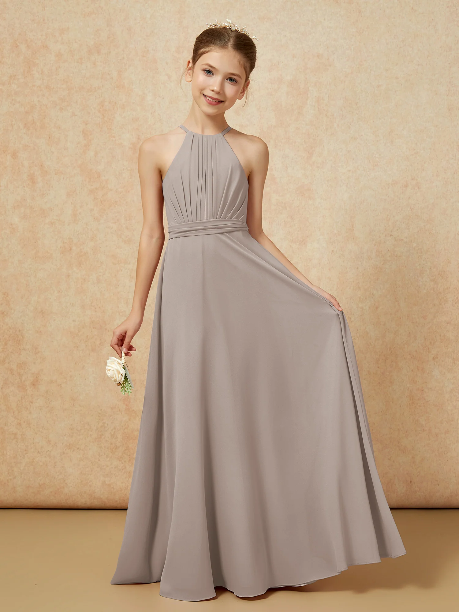 Sleeveless Pleated Long Chiffon Junior Bridesmaid Dress Taupe