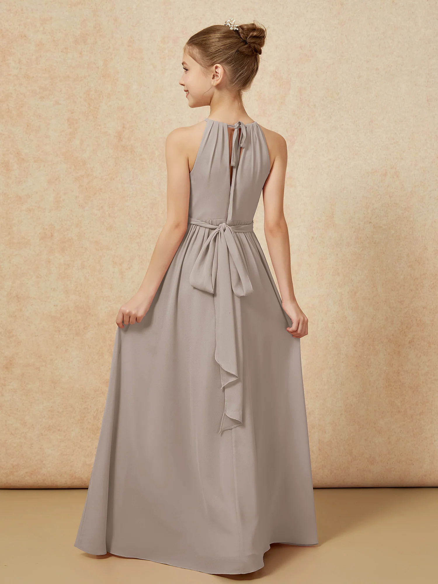 Sleeveless Pleated Long Chiffon Junior Bridesmaid Dress Taupe - Image 2