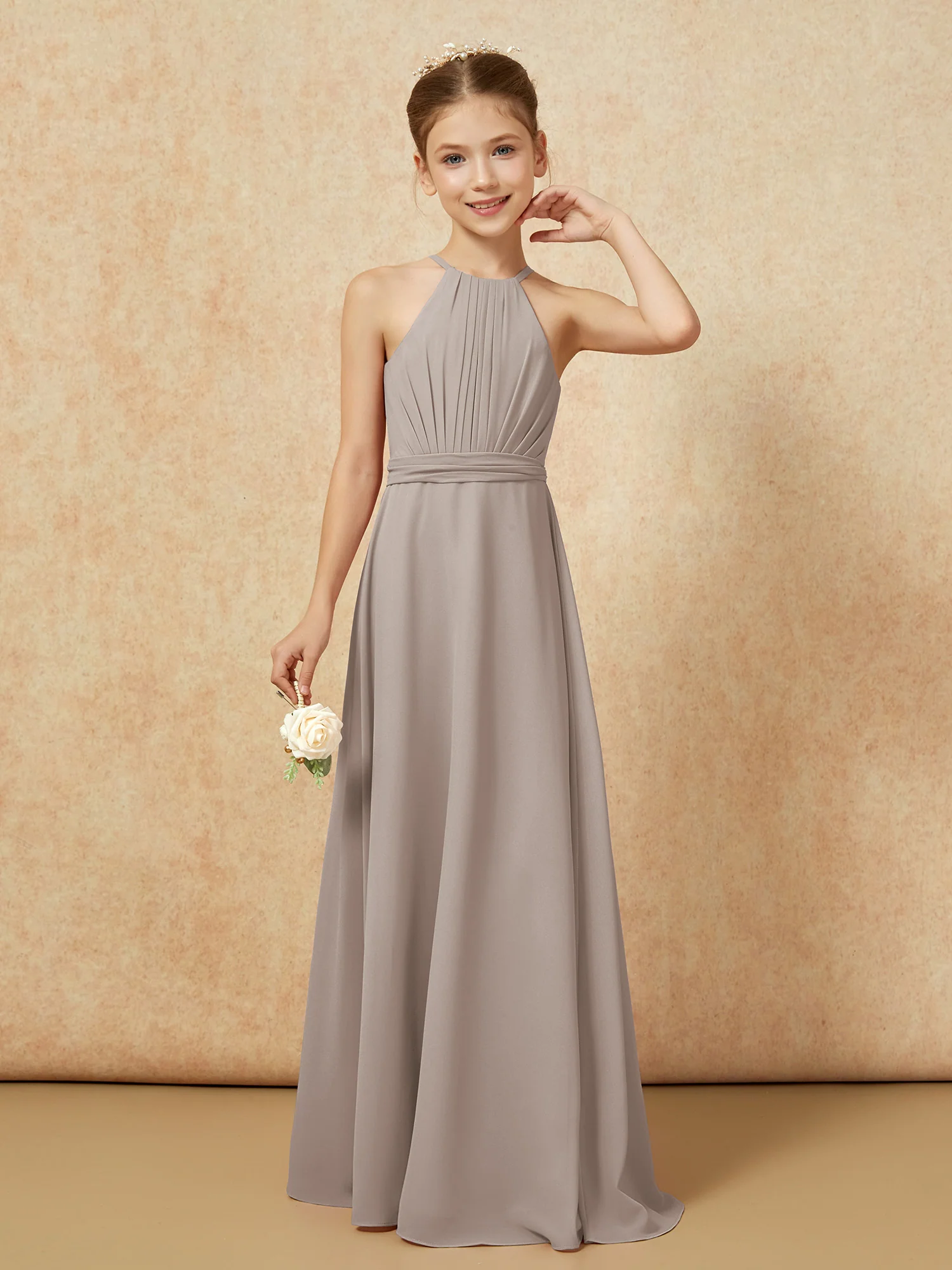 Sleeveless Pleated Long Chiffon Junior Bridesmaid Dress Taupe - Image 5
