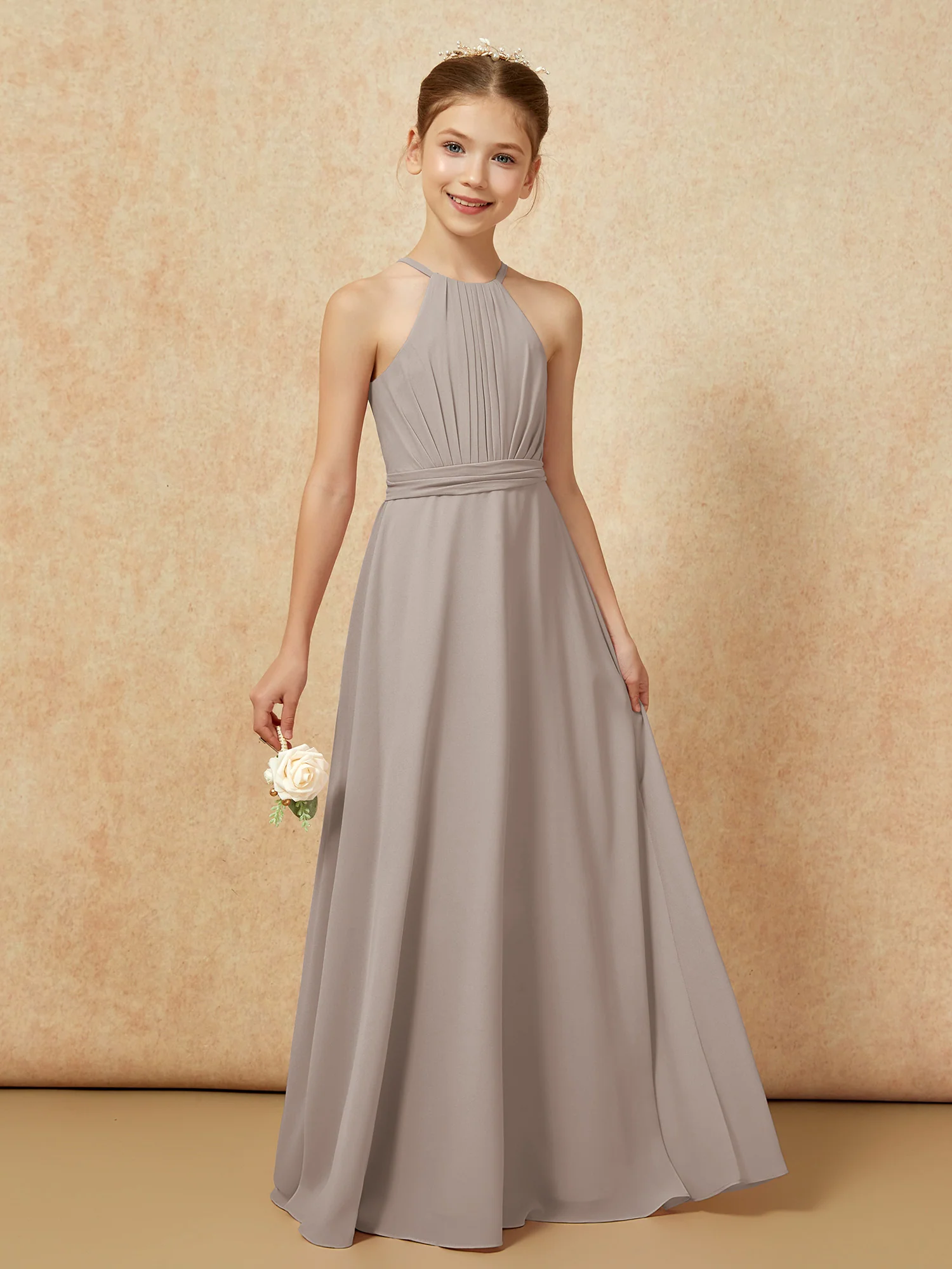 Sleeveless Pleated Long Chiffon Junior Bridesmaid Dress Taupe - Image 6