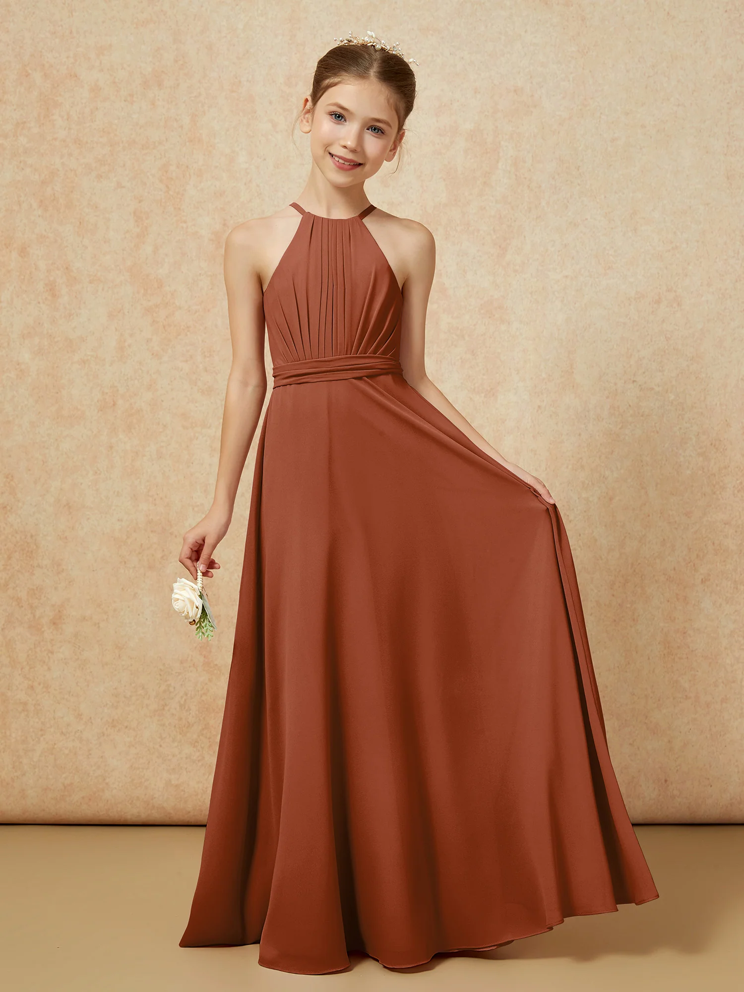 Sleeveless Pleated Long Chiffon Junior Bridesmaid Dress Terracotta