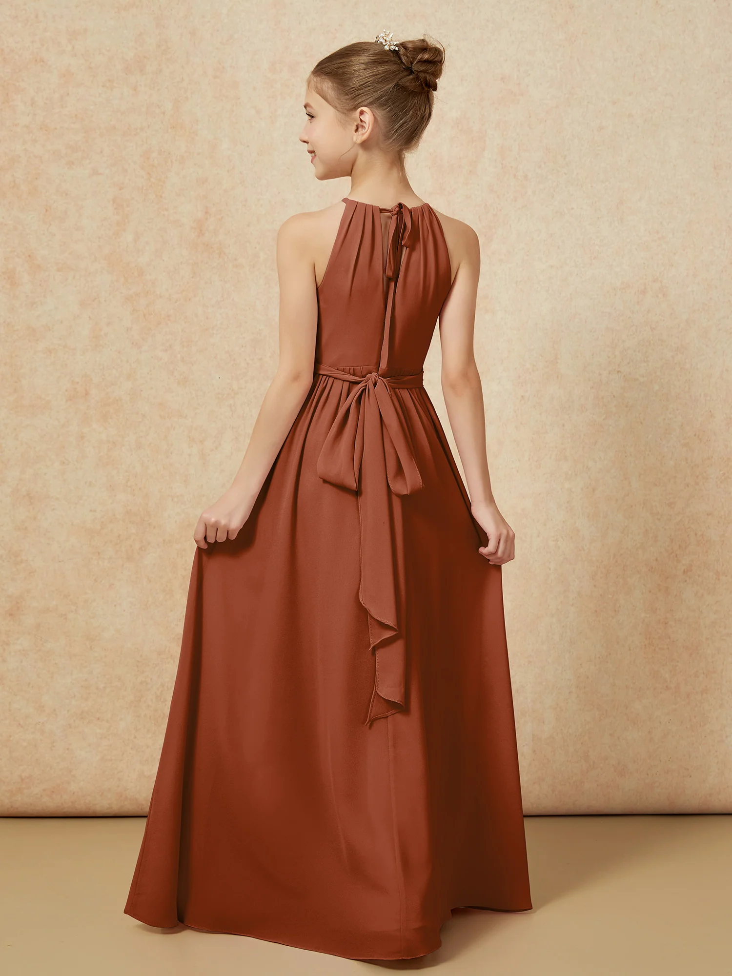 Sleeveless Pleated Long Chiffon Junior Bridesmaid Dress Terracotta - Image 2