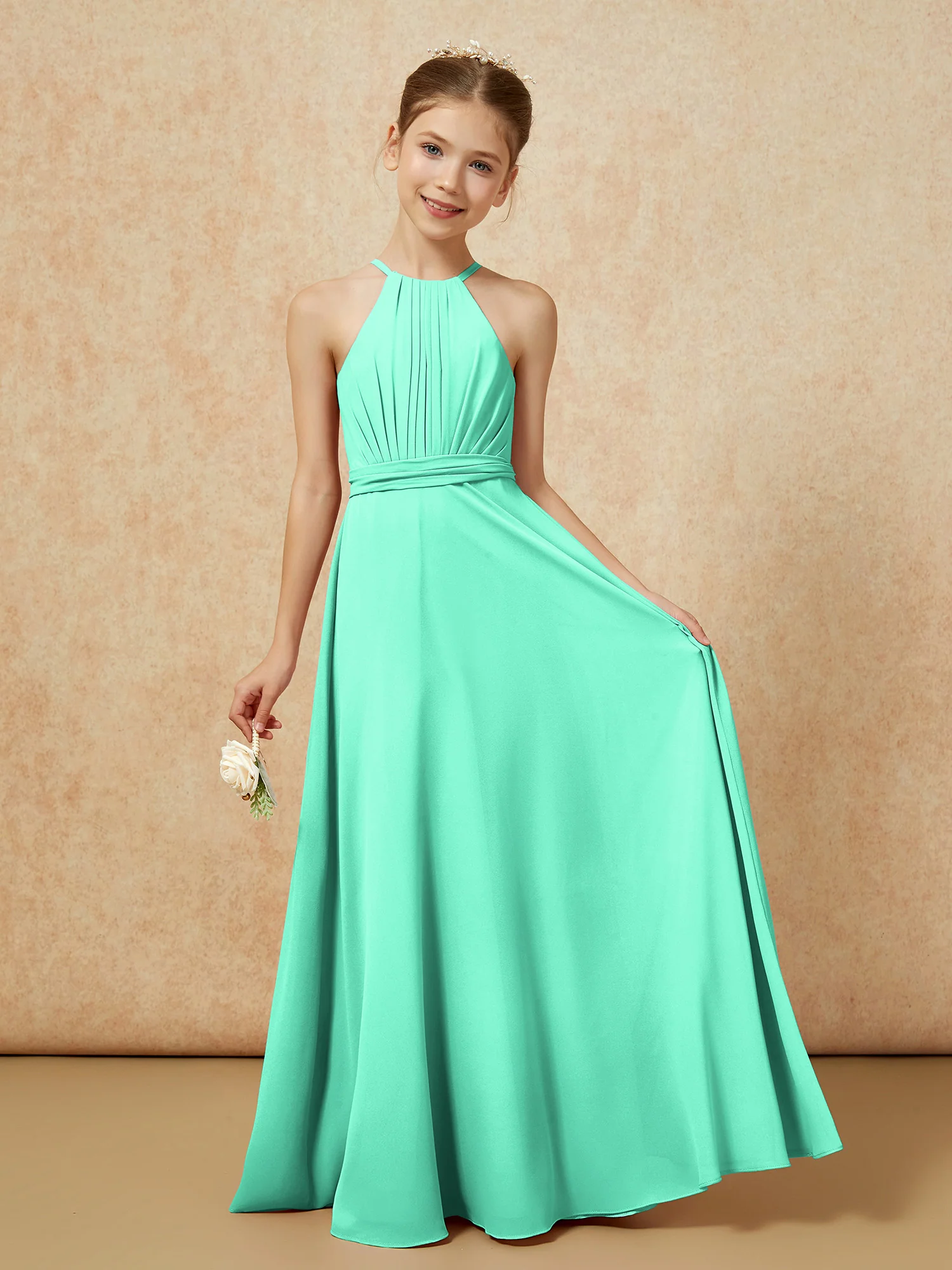 Sleeveless Pleated Long Chiffon Junior Bridesmaid Dress Turquoise
