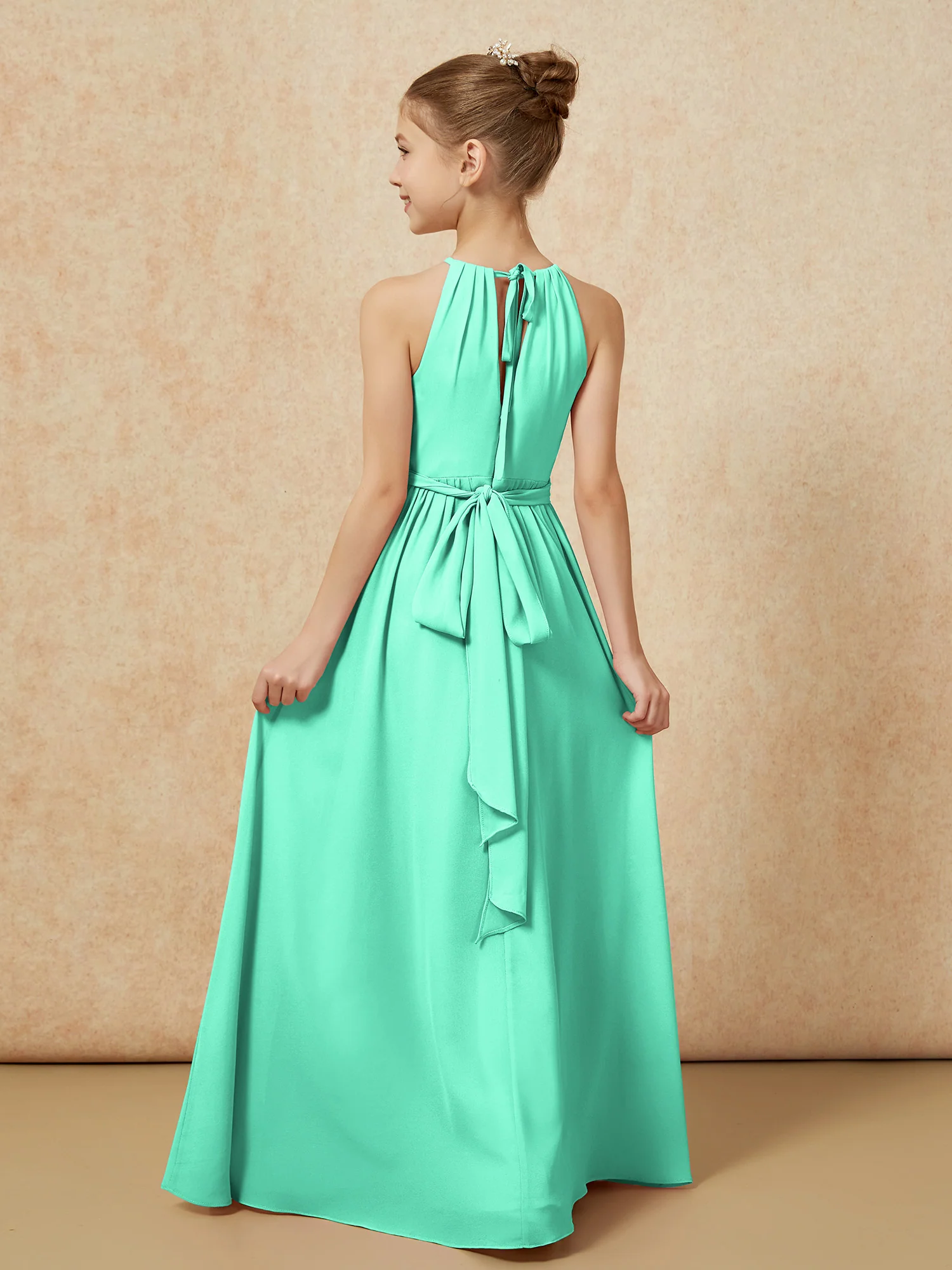 Sleeveless Pleated Long Chiffon Junior Bridesmaid Dress Turquoise - Image 2