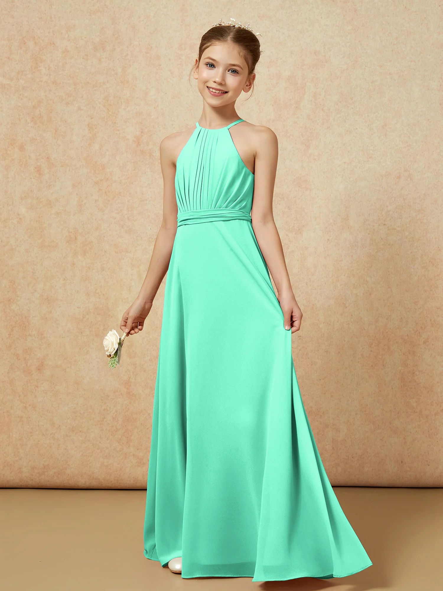 Sleeveless Pleated Long Chiffon Junior Bridesmaid Dress Turquoise - Image 3