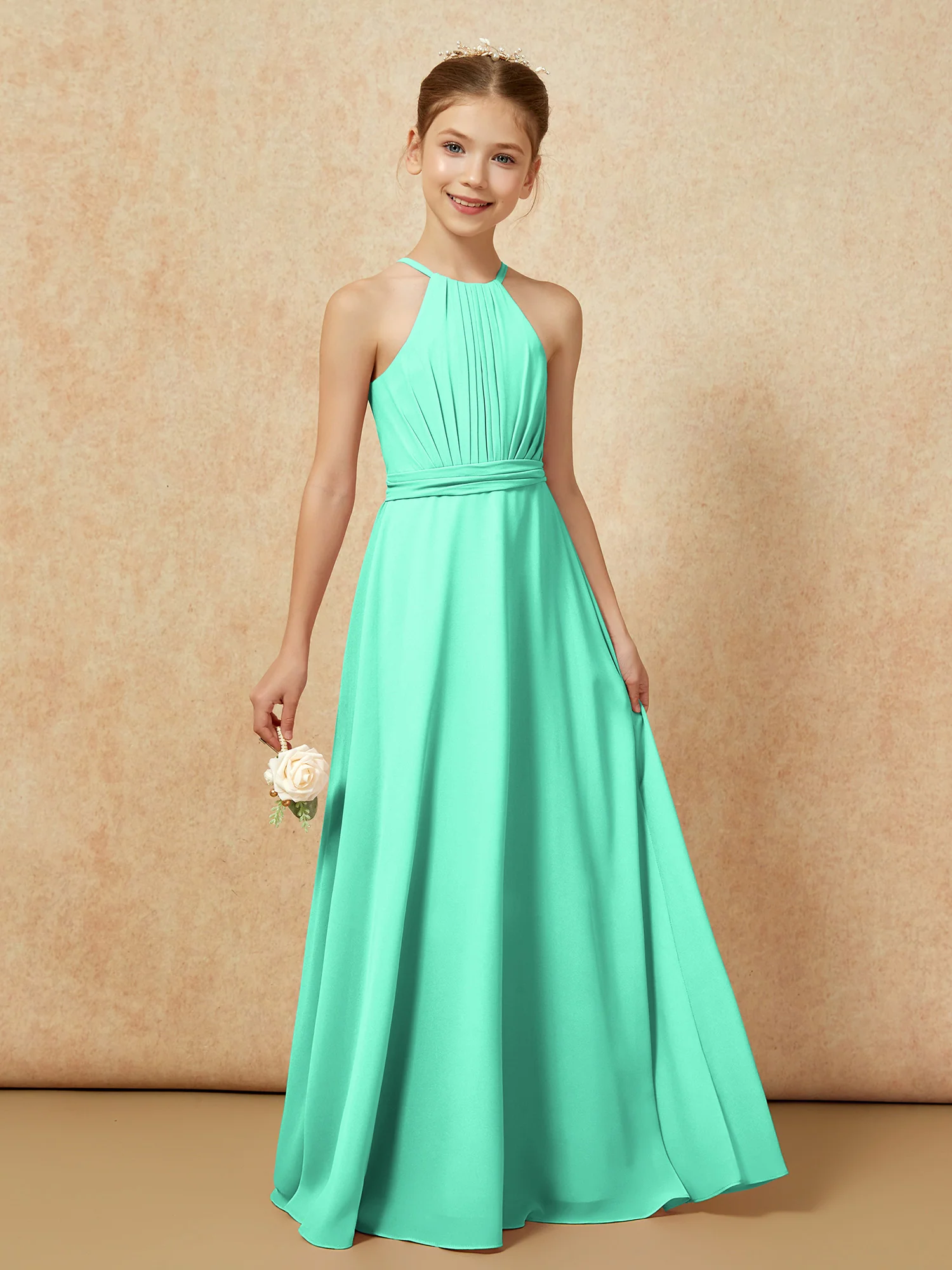 Sleeveless Pleated Long Chiffon Junior Bridesmaid Dress Turquoise - Image 6