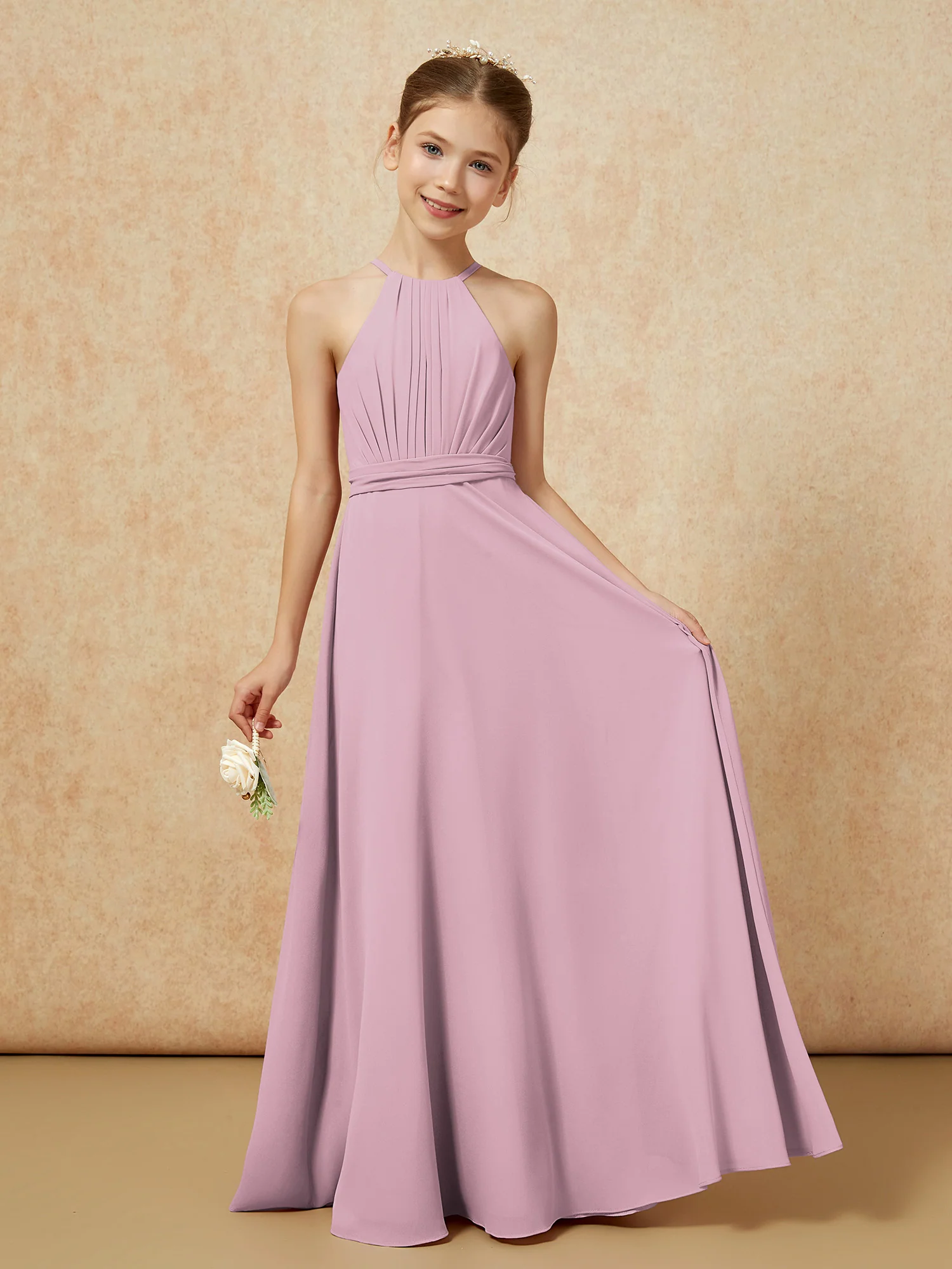 Sleeveless Pleated Long Chiffon Junior Bridesmaid Dress Vintage Mauve