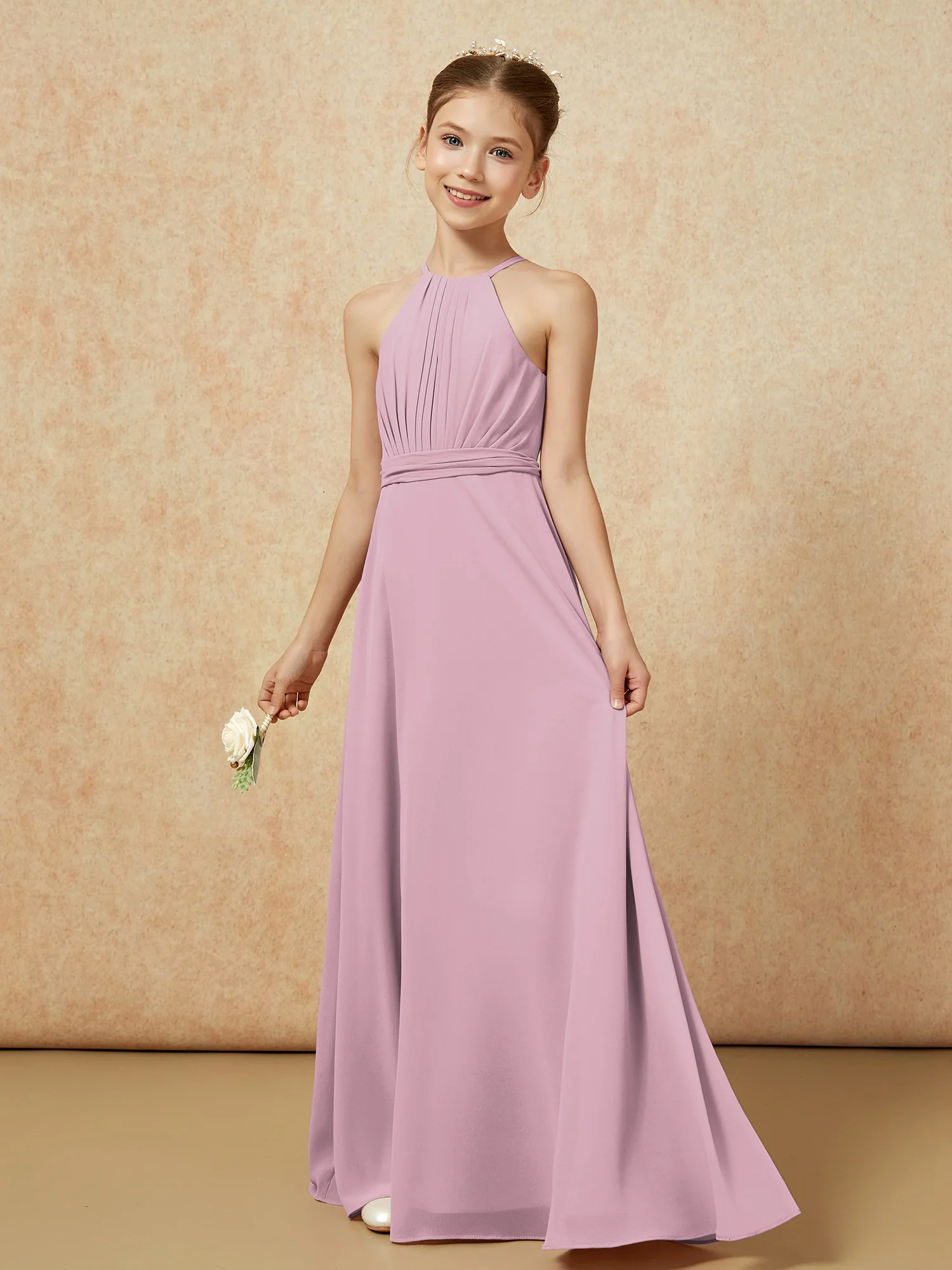 Sleeveless Pleated Long Chiffon Junior Bridesmaid Dress Vintage Mauve - Image 3